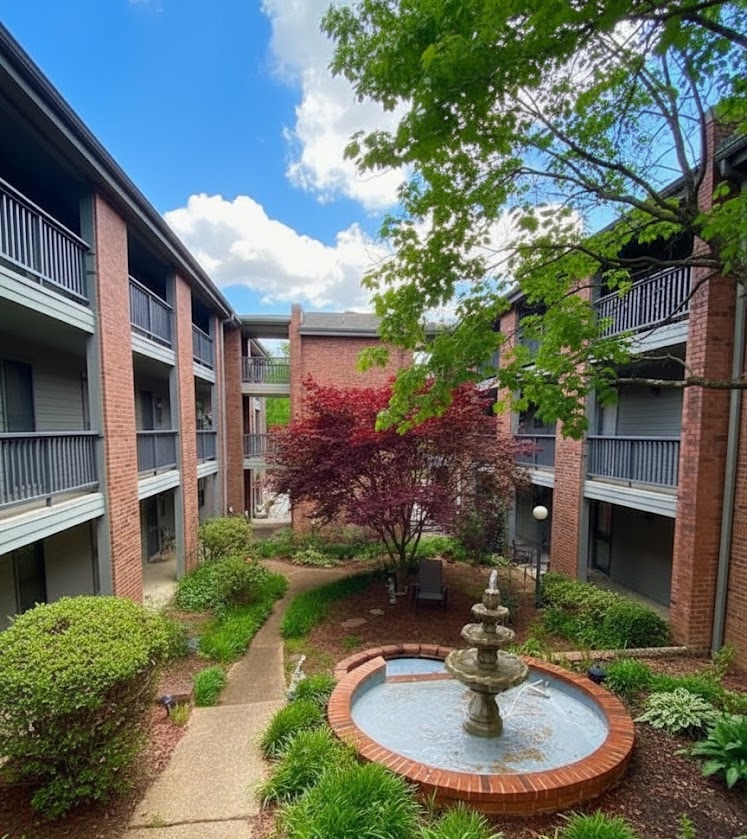 Cambridge Court Condominiums - Beautiful courtyard with fountain and landscaping