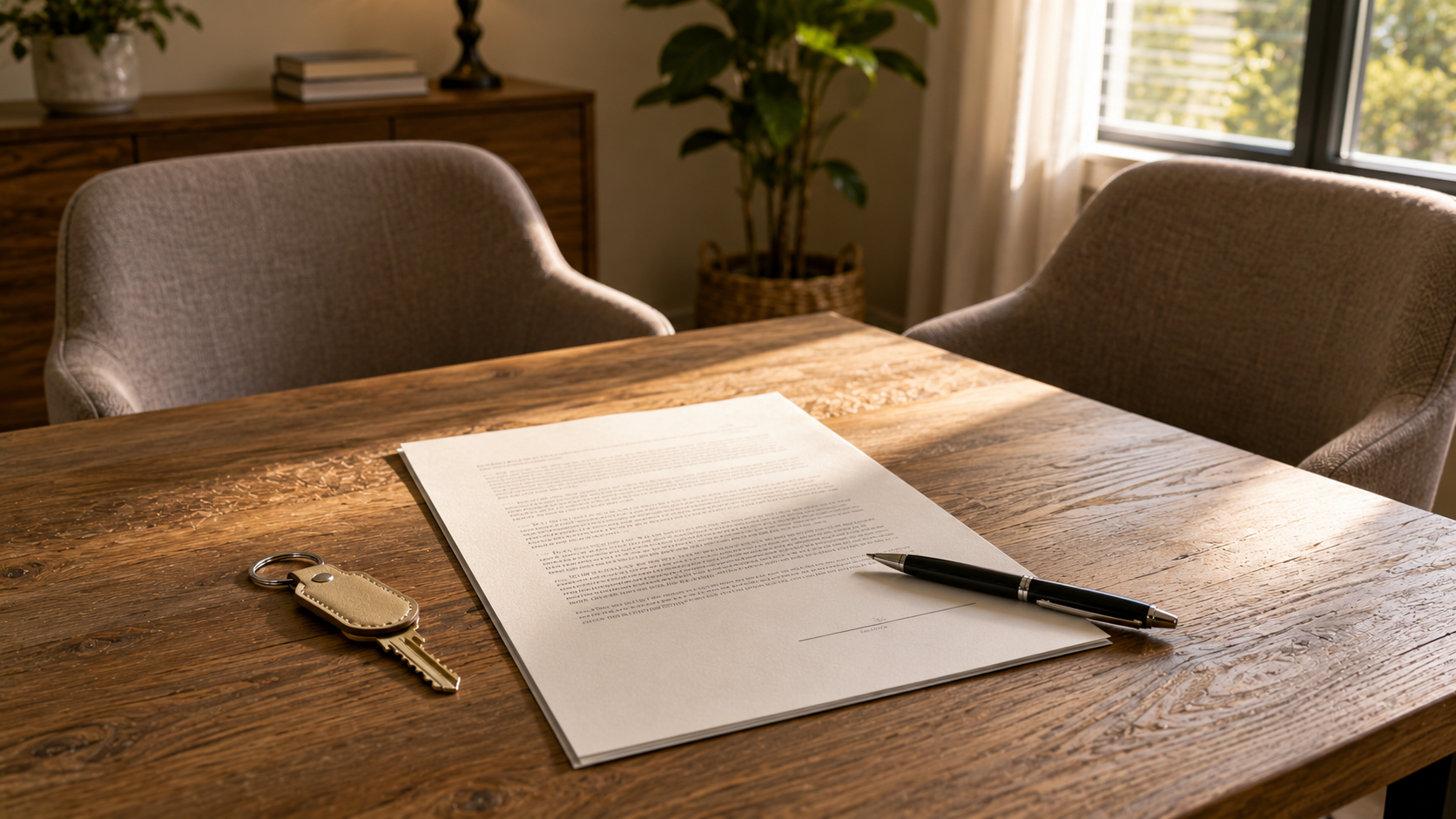 A clean wooden desk holding a real estate buyer agency agreement, a pen resting at the signature line, and a single house key with a beige leather tag, lit by soft natural window light.