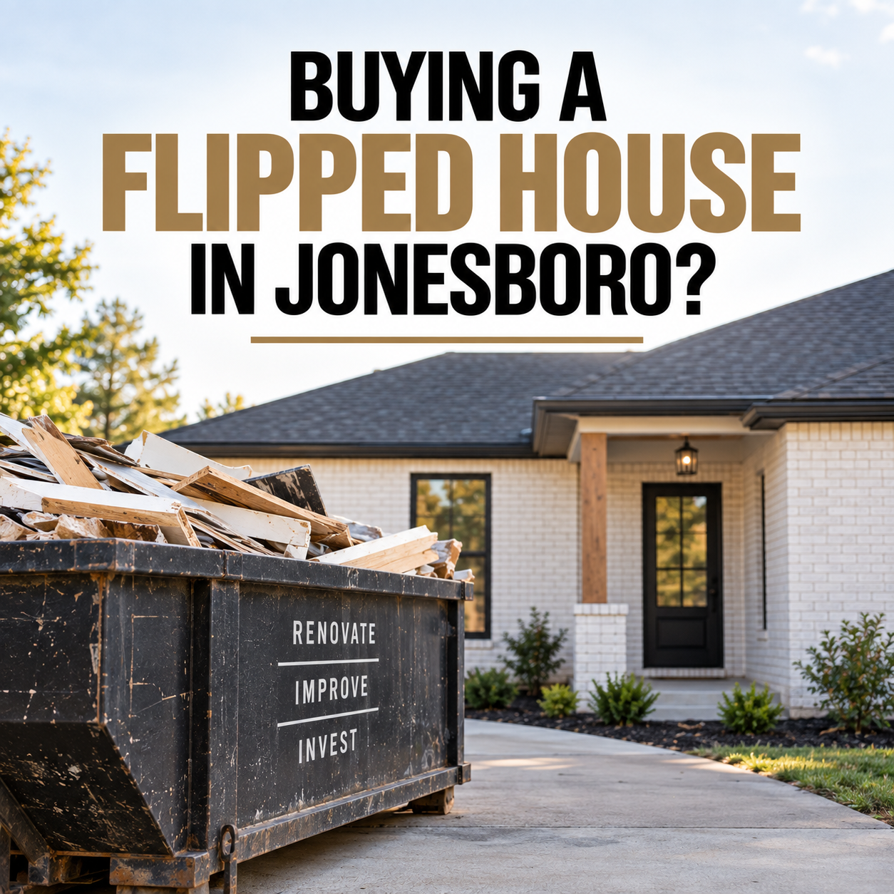Renovation debris in a roll-off dumpster at the end of a driveway outside a recently updated single-story Jonesboro home.