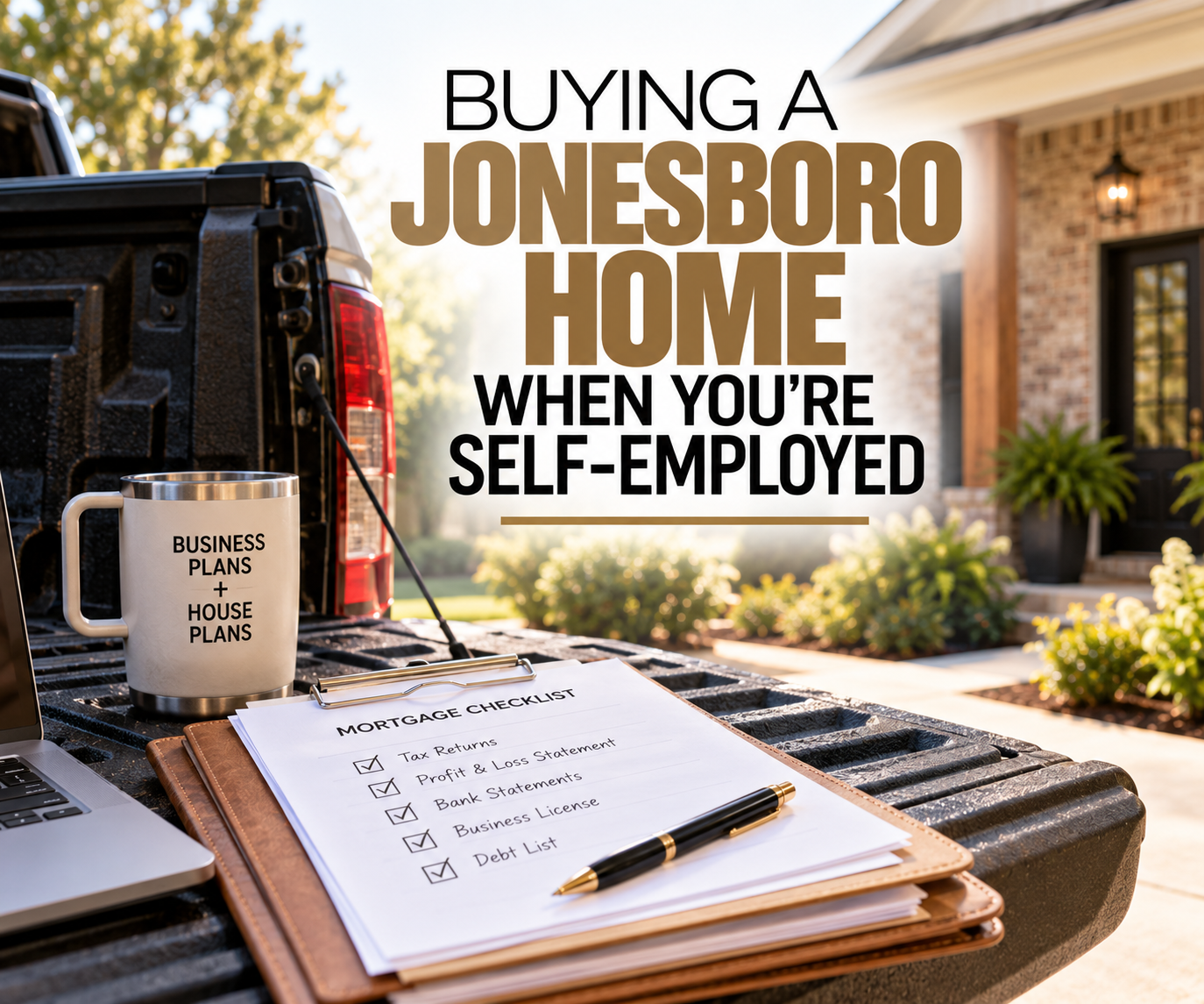 Pickup truck tailgate with a folder, clipboard, and coffee mug in the driveway of a brick Jonesboro-style home