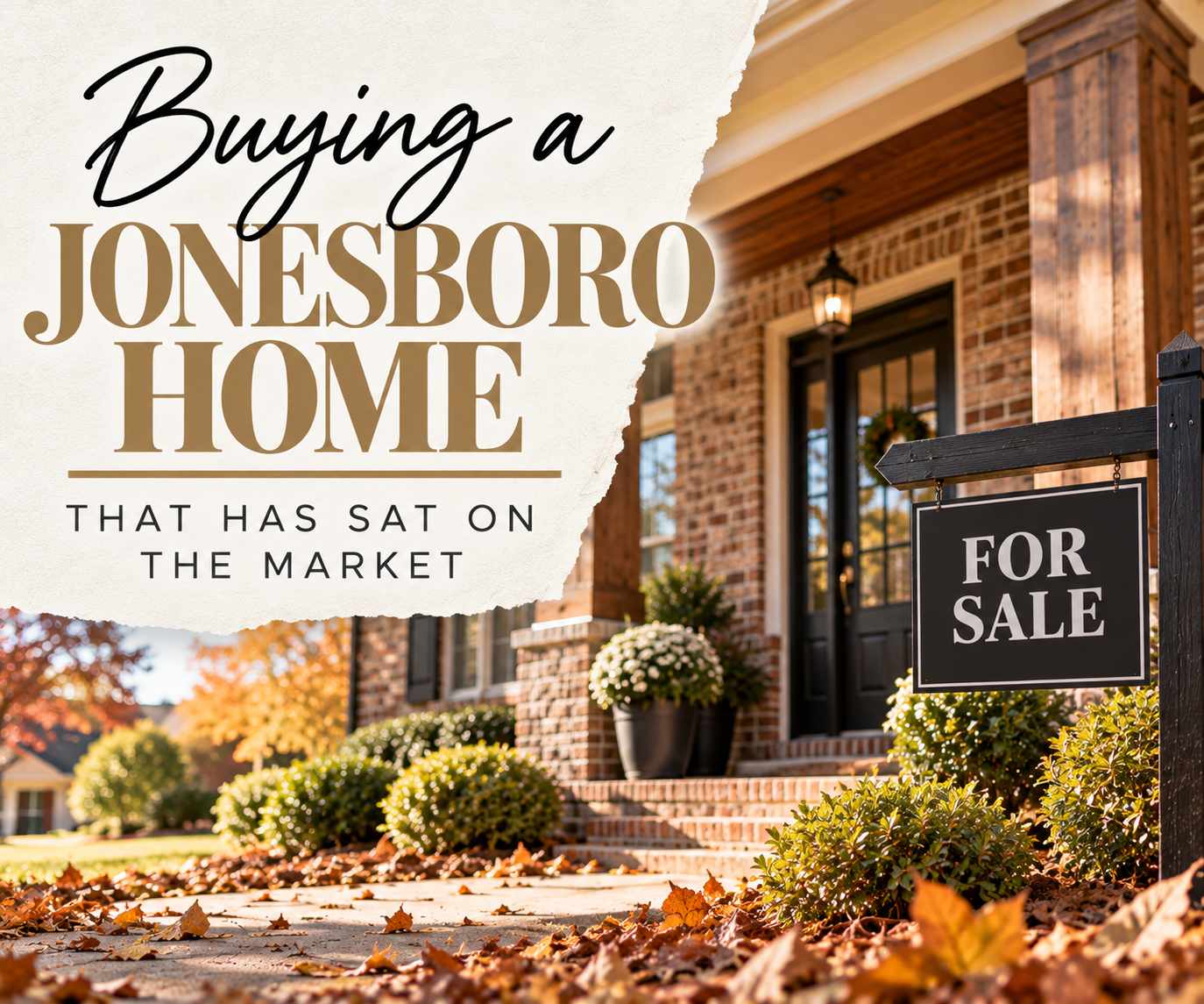 Front porch and brick exterior of a Jonesboro home with a for-sale sign in the yard on a clear fall afternoon, fallen leaves on the walkway