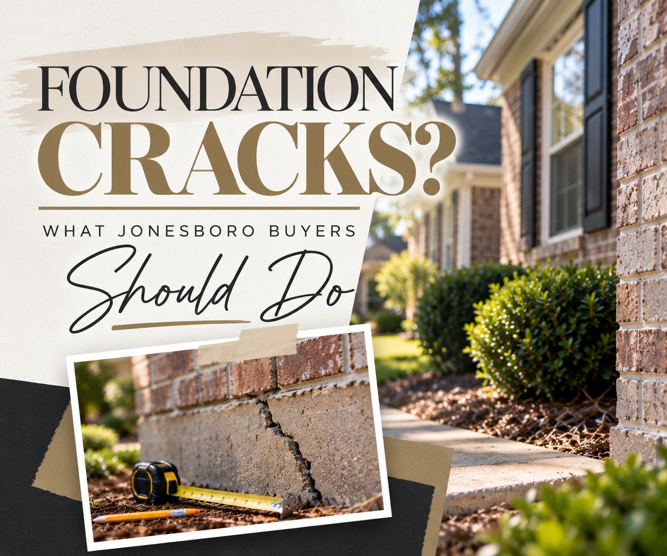 Close-up of a diagonal crack in a brick foundation wall beside a tape measure and a pencil at a Jonesboro home