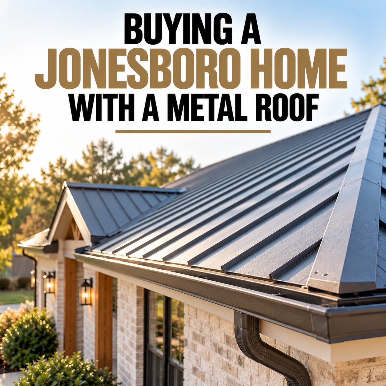 Close-up view of a residential standing seam metal roof showing raised seams, ridge cap, gutter and fascia in morning light.