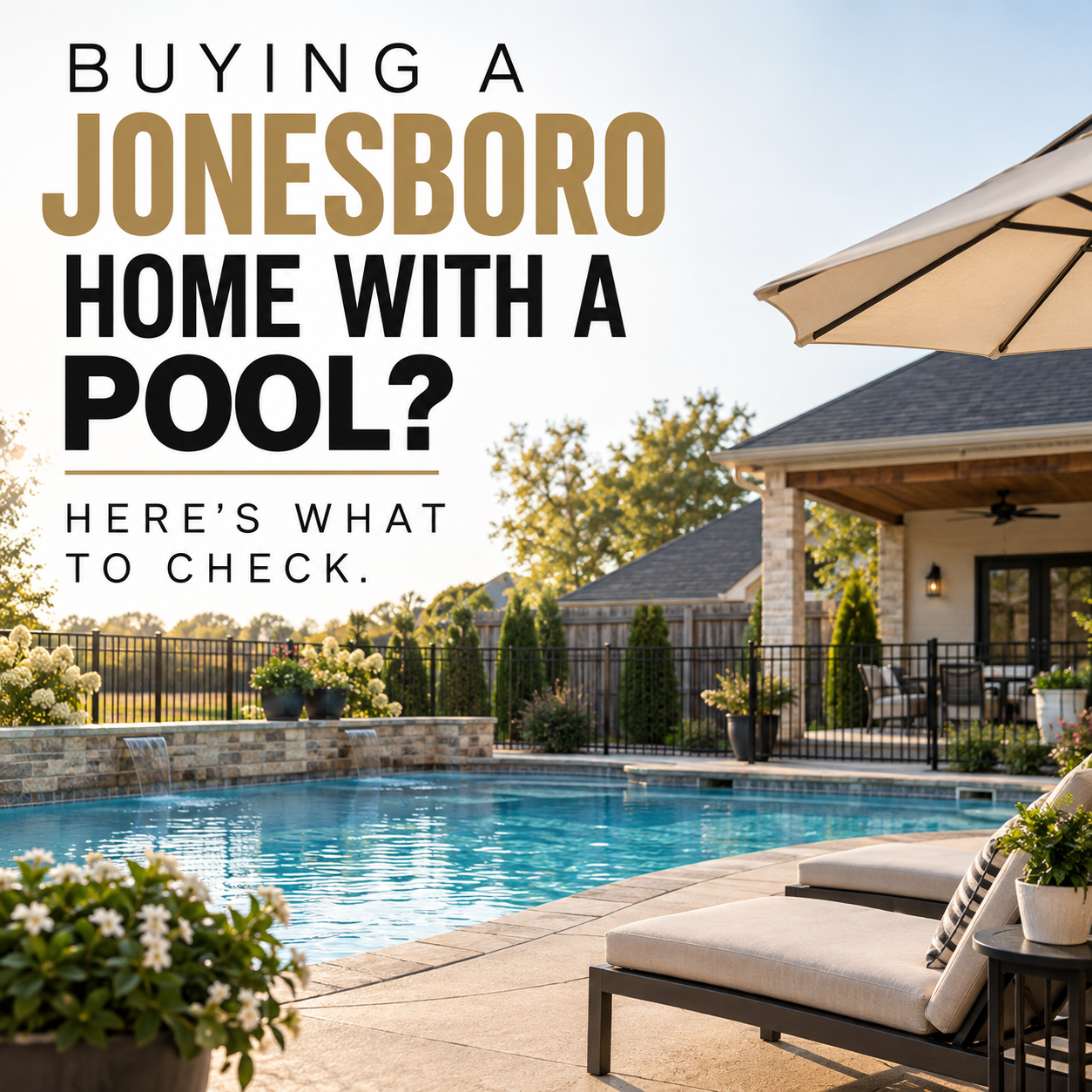 A backyard in-ground swimming pool behind a safety fence with a self-latching gate at a Northeast Arkansas home in early fall.