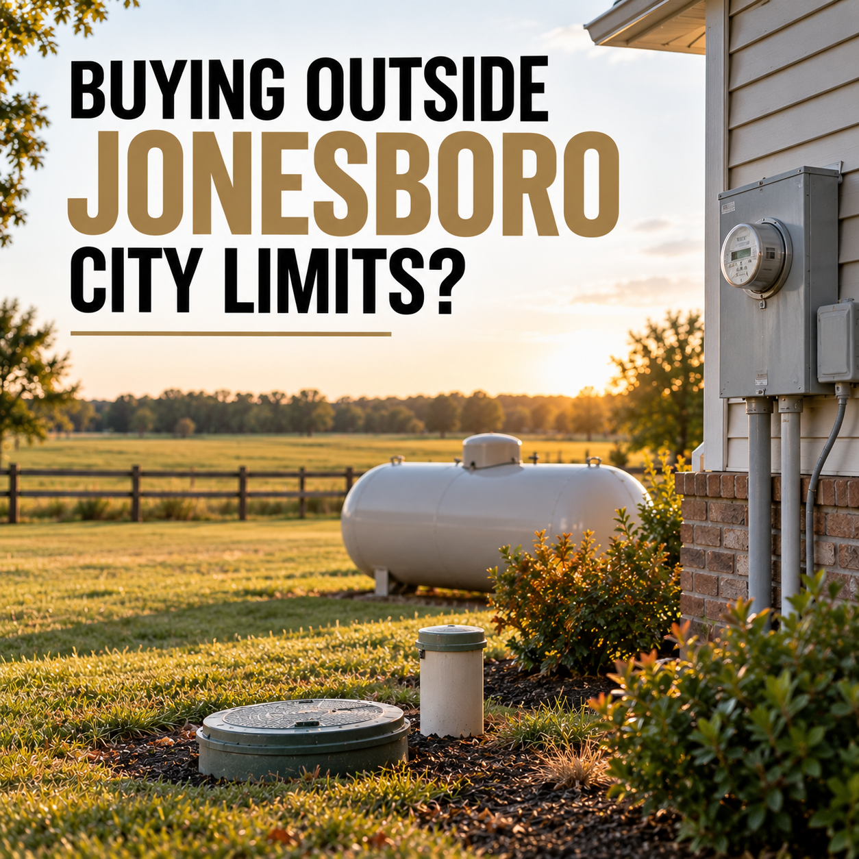 A residential propane tank, water meter lid, and electric meter at the edge of a rural Northeast Arkansas yard with open farm fields behind them in late afternoon light.