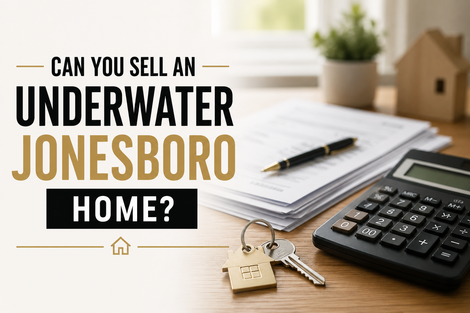 Mortgage paperwork, a calculator, and a house key on a desk, representing a Jonesboro homeowner reviewing their numbers before selling.