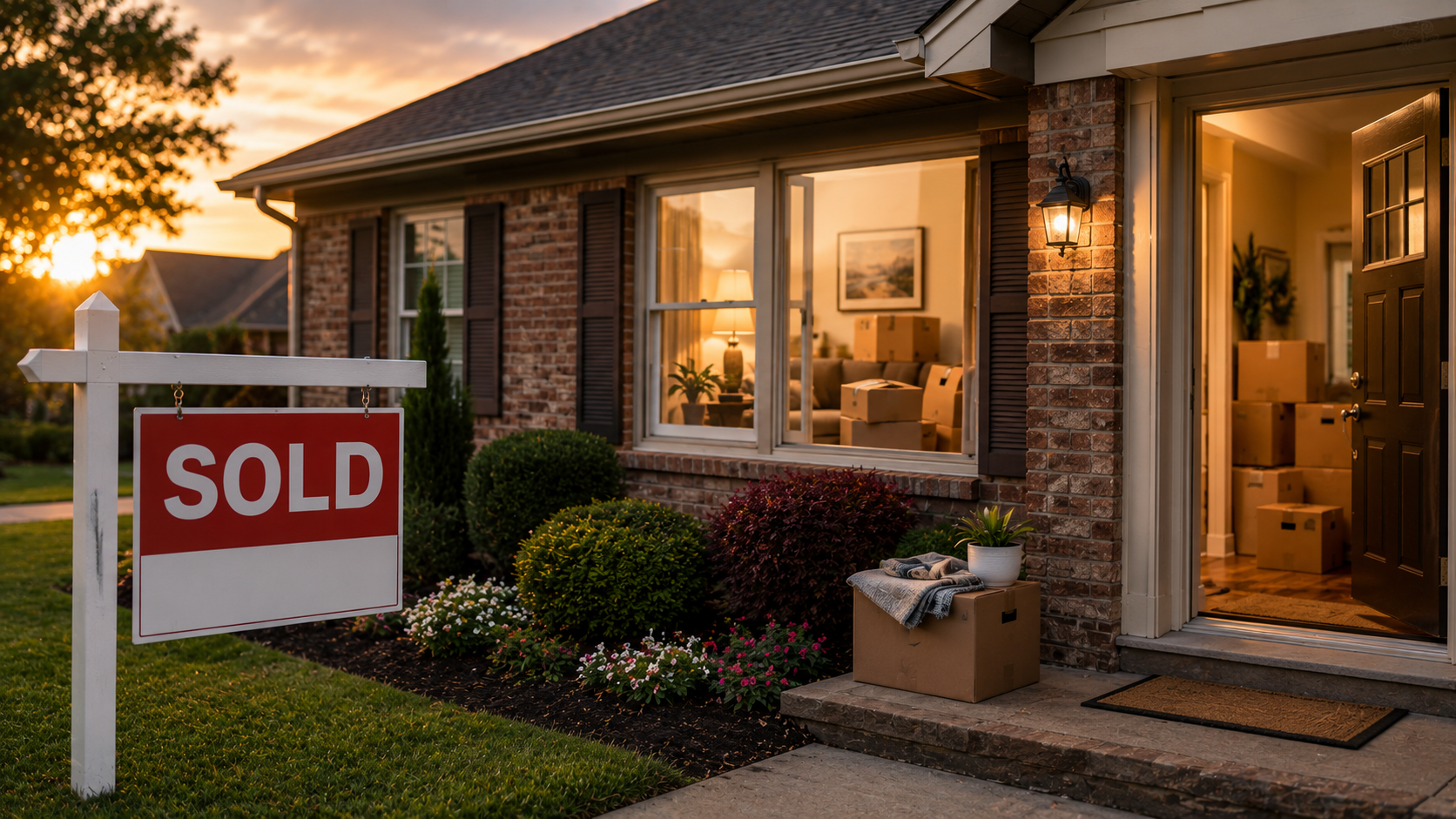 Front door of a Jonesboro home with keys in the lock and a moving box visible inside, representing the moment a seller transitions possession after closing