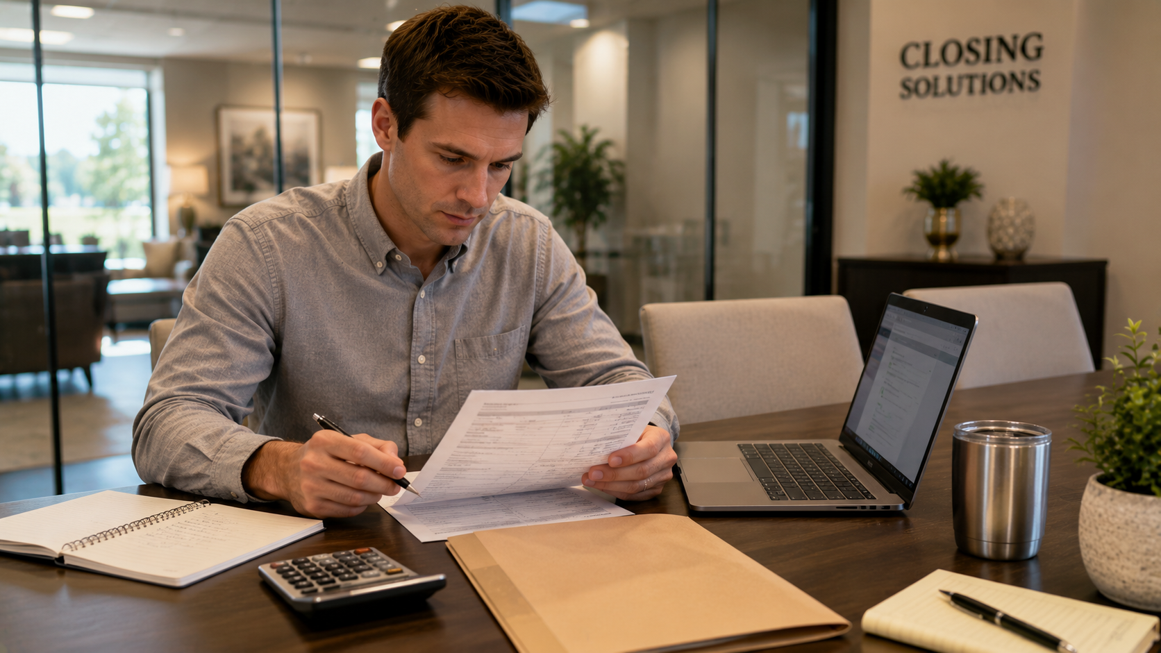 Overhead shot of a desk with a closing folder, calculator, pen, and folded check, illustrating cash to close for a Jonesboro home purchase.
