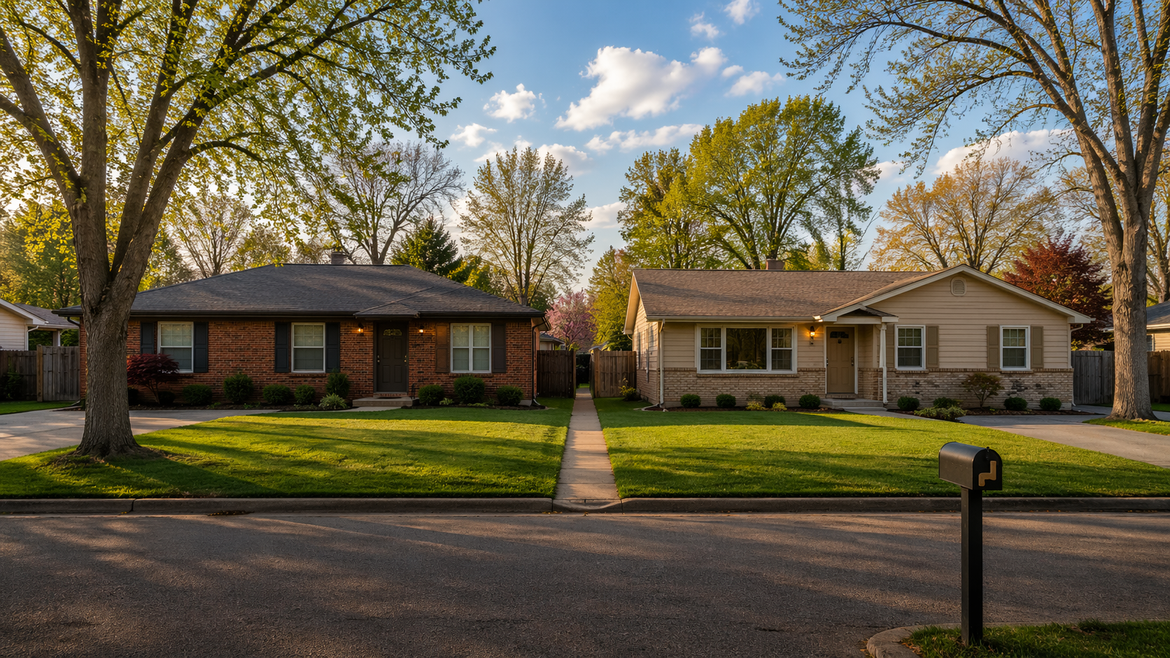 Two similar homes on a quiet Jonesboro residential street photographed side by side in soft spring afternoon light, illustrating a buyer's decision between two options.