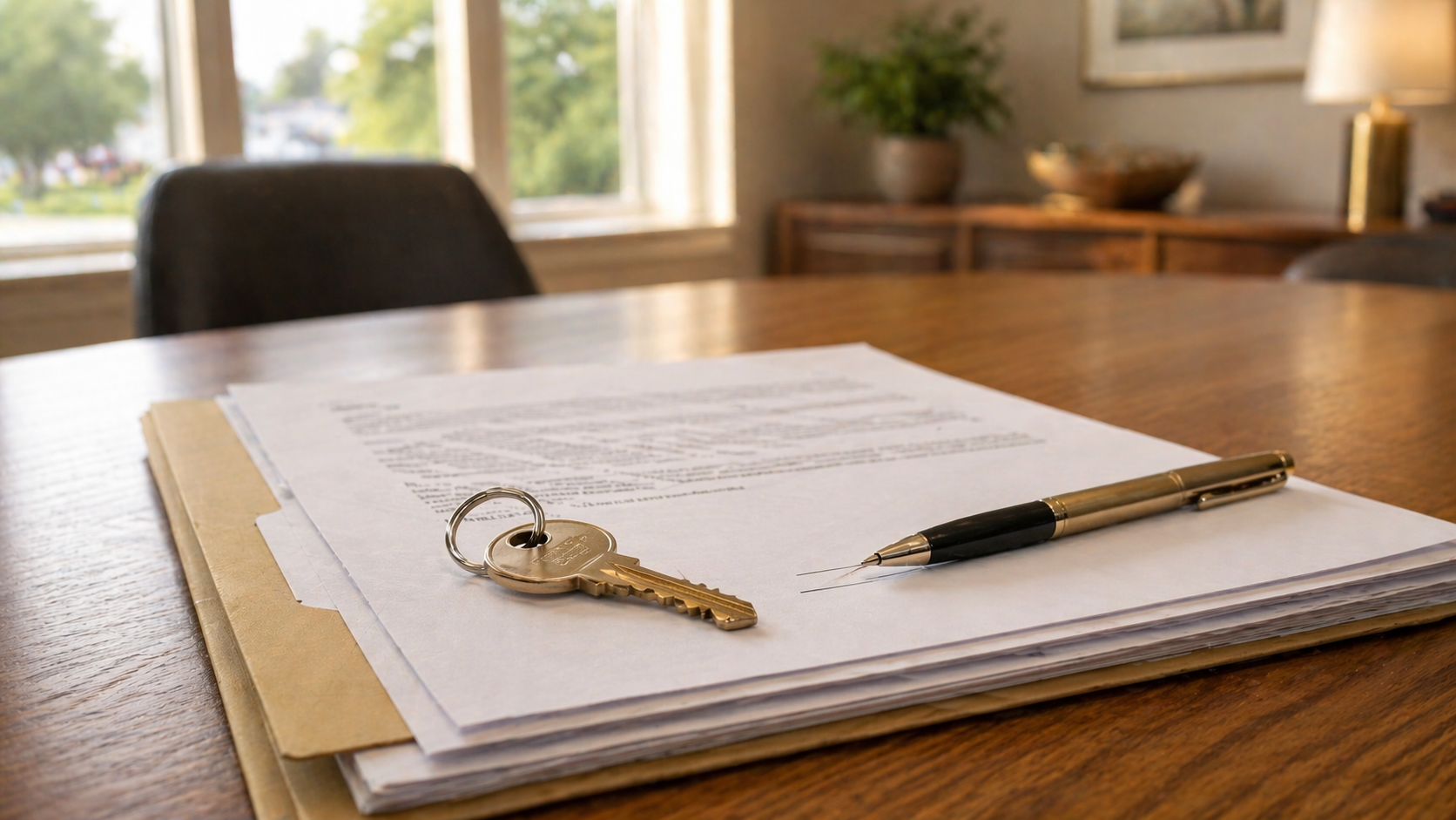 A brass house key resting on a signed real estate closing document beside a pen, warm title company office blurred in background