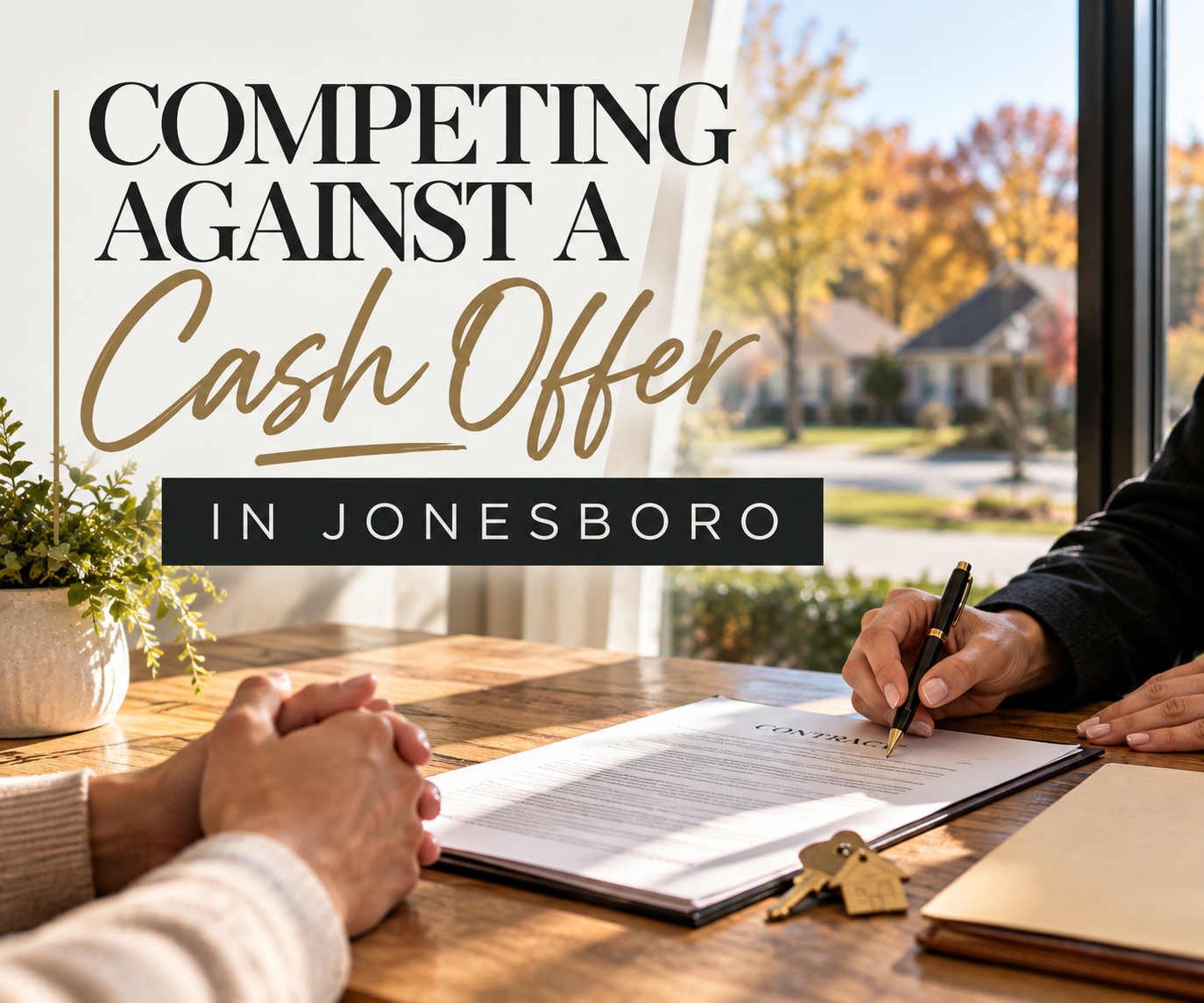 Two sets of hands over a purchase contract on a wooden table with a pen, a house key, and a manila folder beside a window overlooking a Jonesboro street