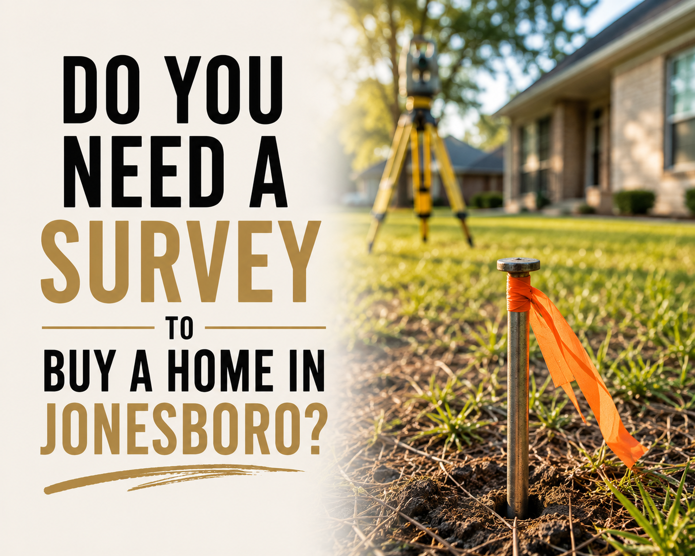An iron survey pin with orange flagging tape marking the corner of a residential lot, with a surveyor's tripod blurred in the background