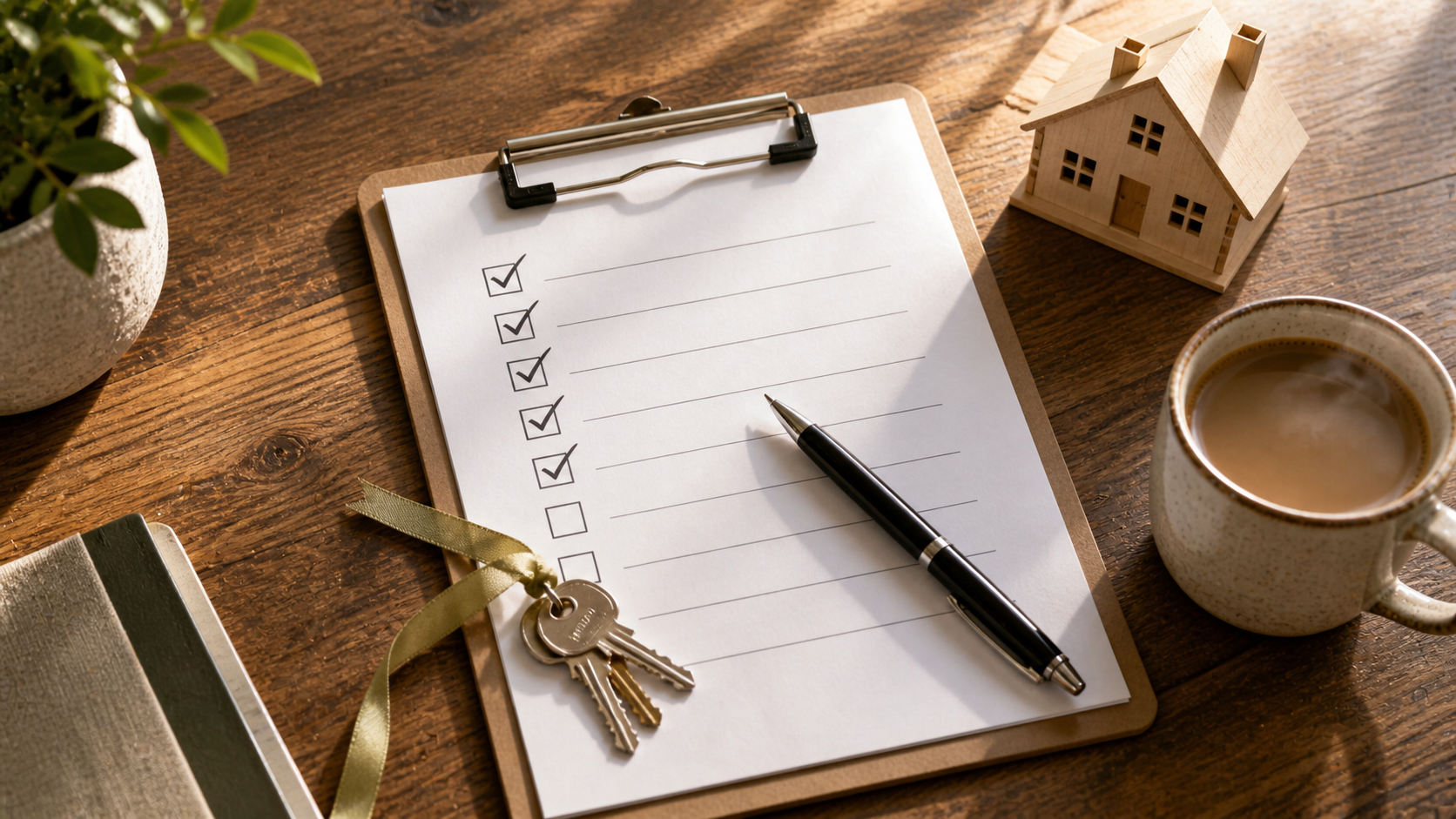 Top-down view of a clipboard with a partially completed checklist, house keys on a gold ribbon, a small wooden house model, a pen, and a coffee mug, representing a first-time buyer's pre-purchase preparation in Jonesboro