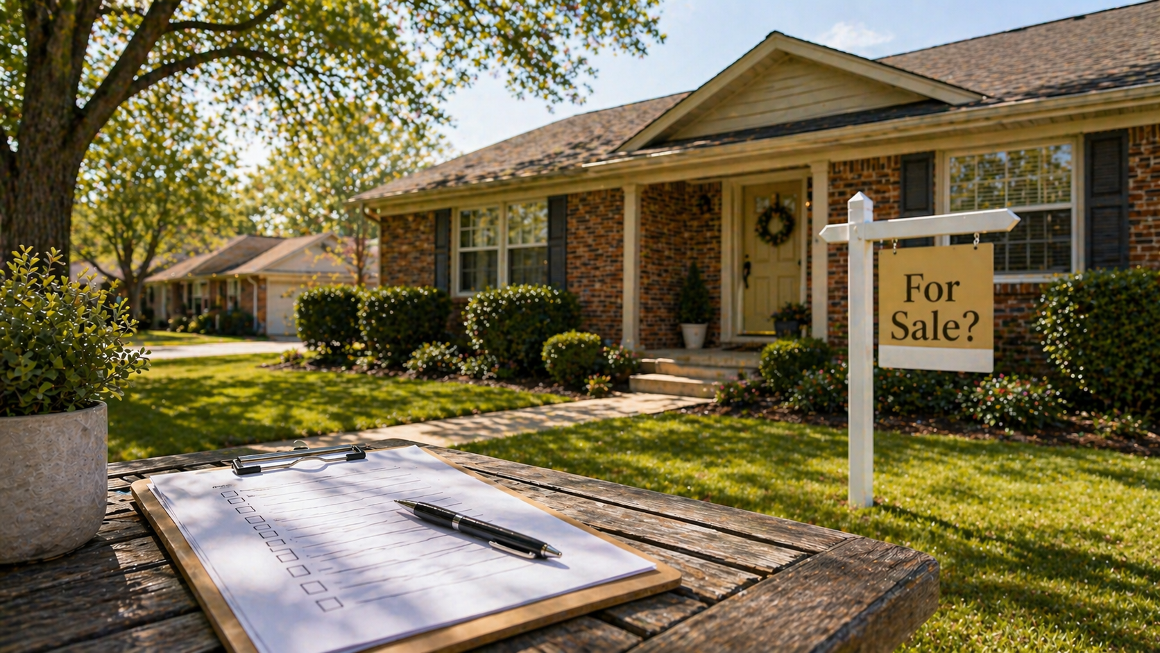A well-maintained brick home with a for-sale sign in Jonesboro, Arkansas, representing a first-time seller preparing to list their home.
