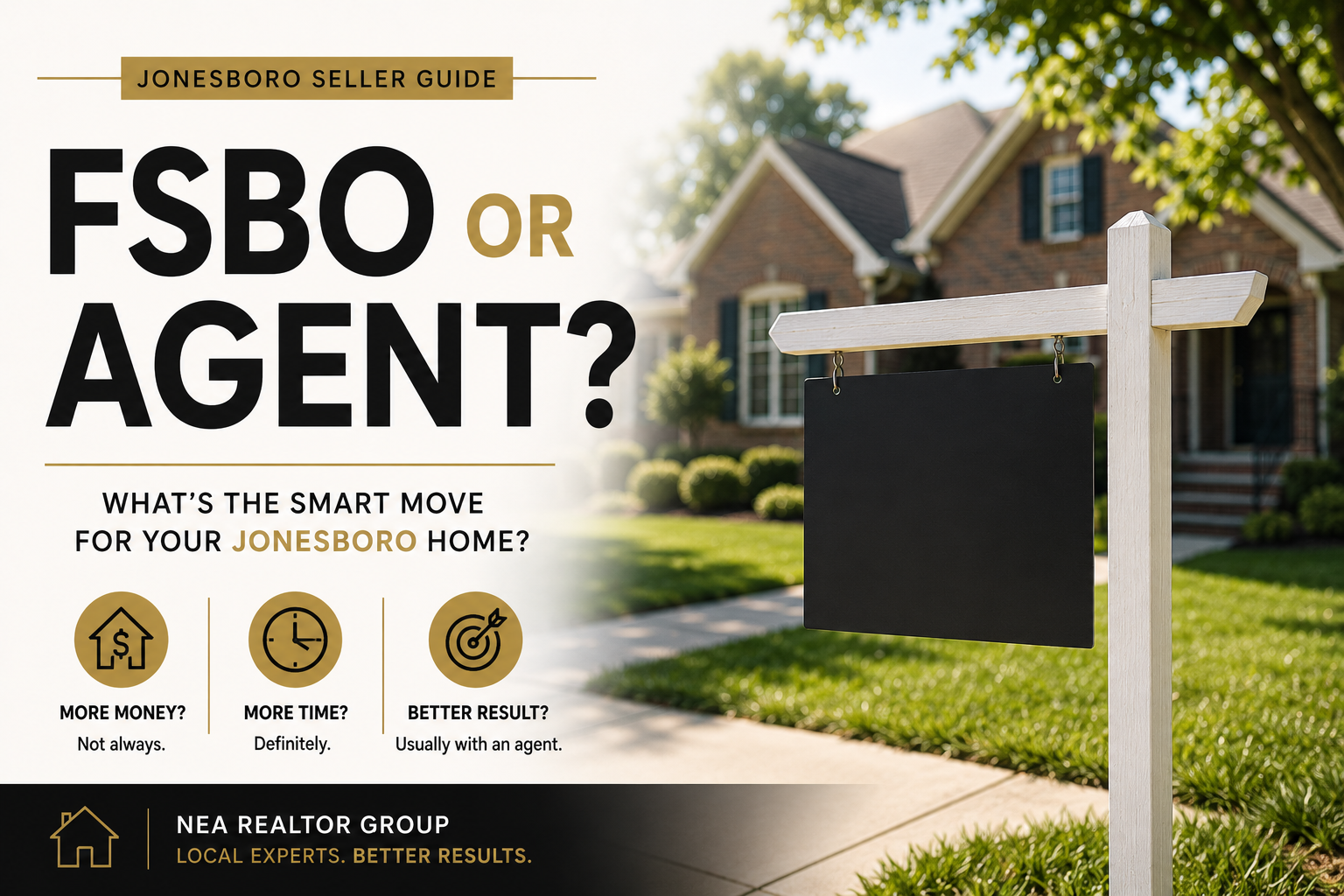 A blank wooden real estate sign post freshly installed in the front yard of a brick home in a Jonesboro, Arkansas neighborhood on a sunny morning.
