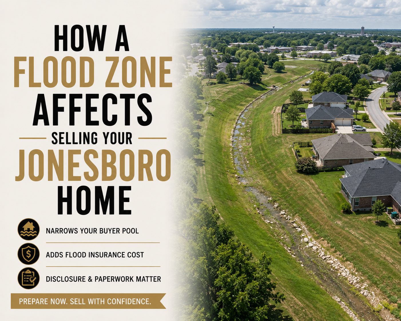 Aerial view of a Northeast Arkansas residential street where homes meet low ground and a grassy drainage swale.