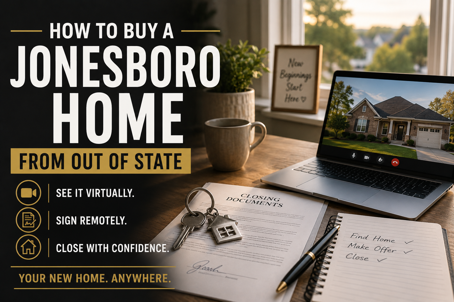 A home office desk with a laptop, house keys, and closing documents near a sunlit window, representing a remote home purchase