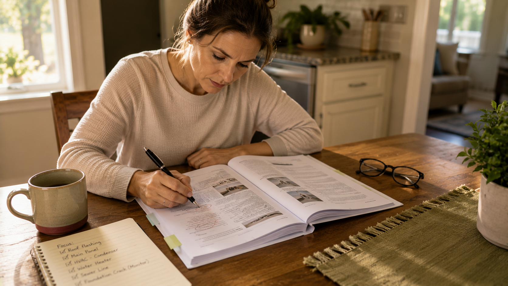 An open home inspection report on a walnut kitchen table in a Jonesboro home, beside a pen, leather notepad, and ceramic coffee mug in soft morning light.