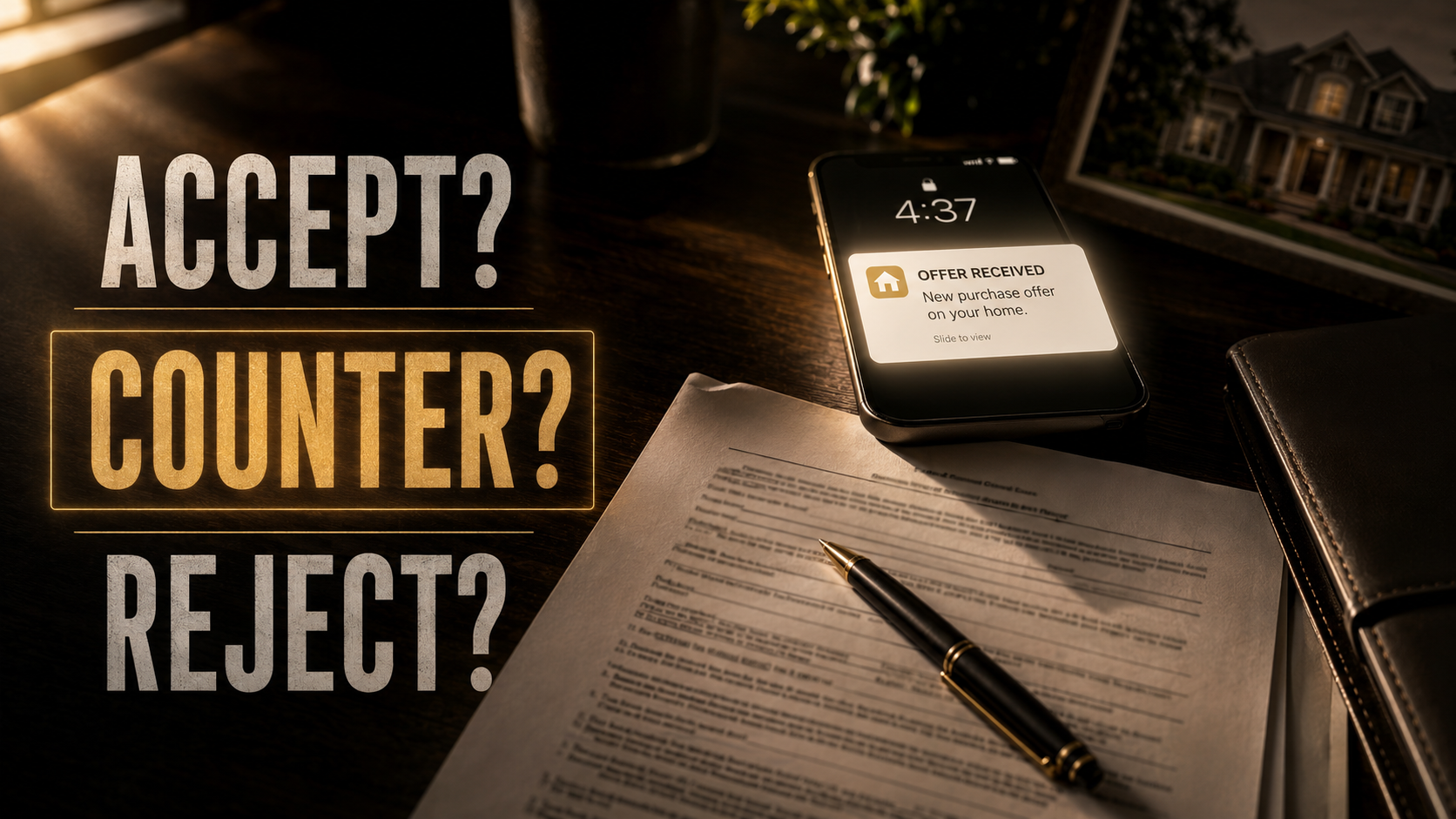A real estate contract and pen on a wooden desk, representing a Jonesboro seller reviewing an offer before deciding to accept, counter, or reject.