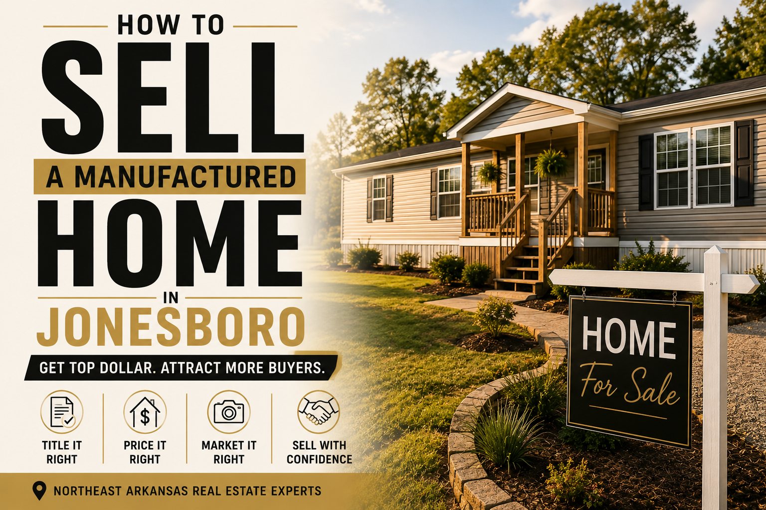 A manufactured home with a covered porch and mowed yard on a Northeast Arkansas lot in late afternoon light.
