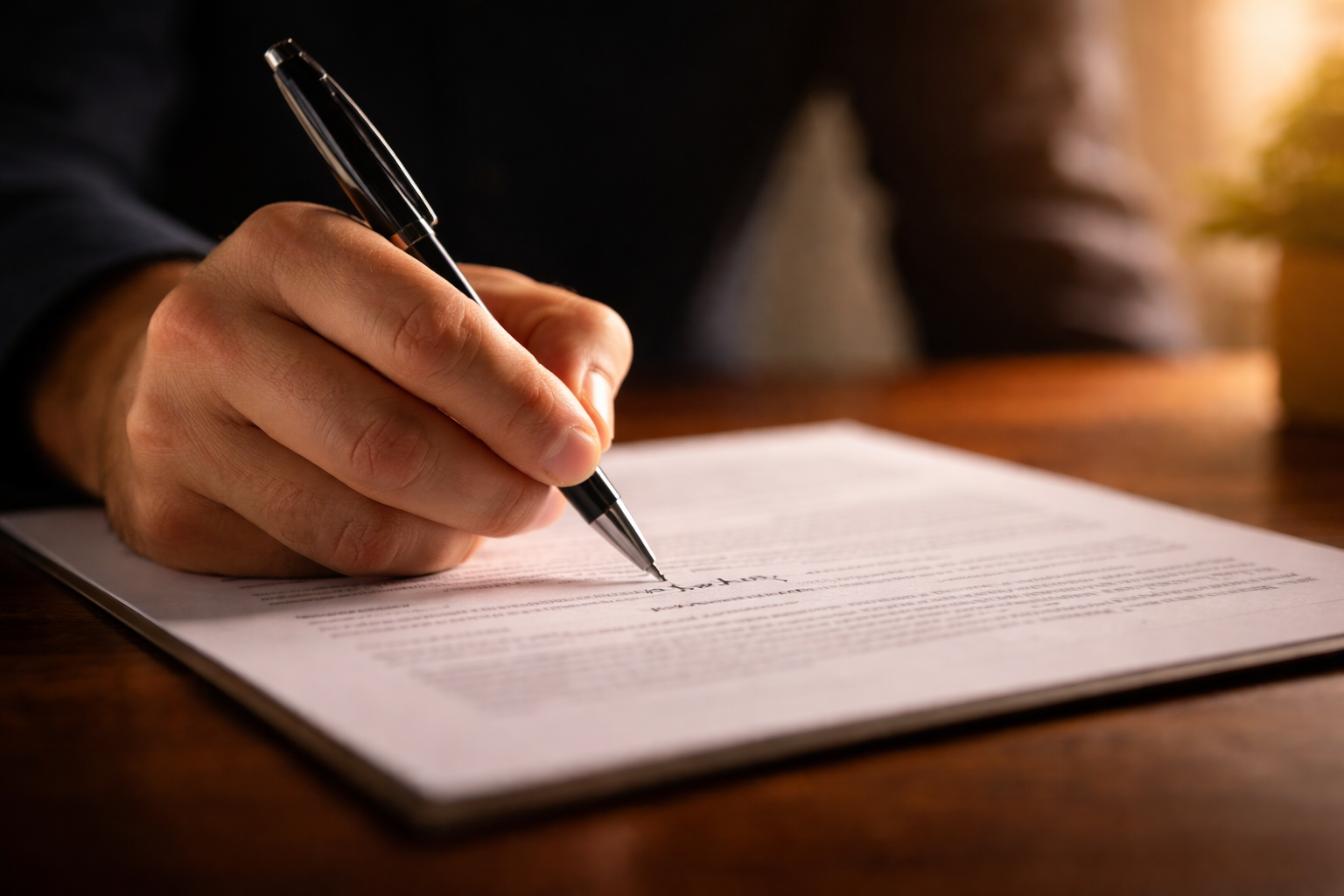 Real estate purchase agreement on a clipboard with house keys and a pen on a kitchen counter