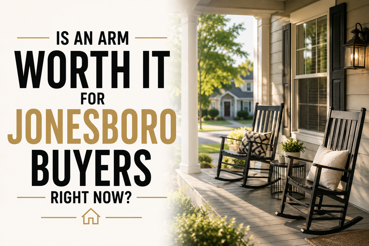 A quiet front porch on a Jonesboro home in early morning light, with two porch chairs, one in shade and one in sun.