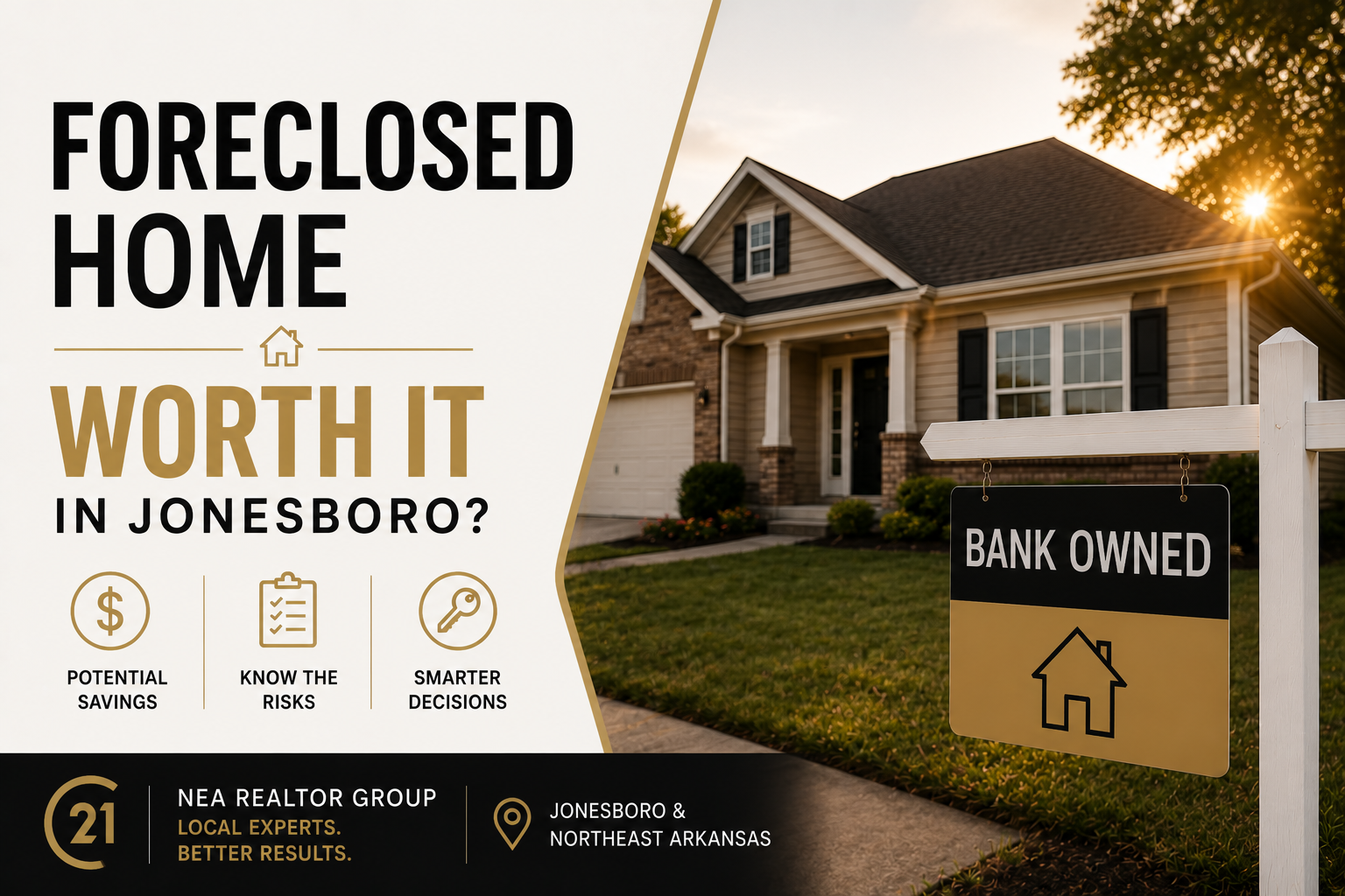 Quiet exterior of a single-family home in Northeast Arkansas at golden hour, representing a bank-owned foreclosure a buyer might consider.