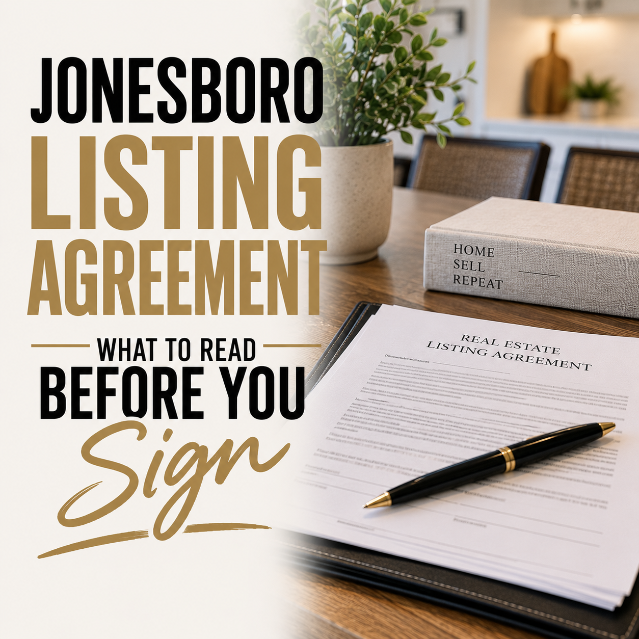 A multi-page real estate listing contract and a pen resting on a kitchen table, ready for a home seller's signature.