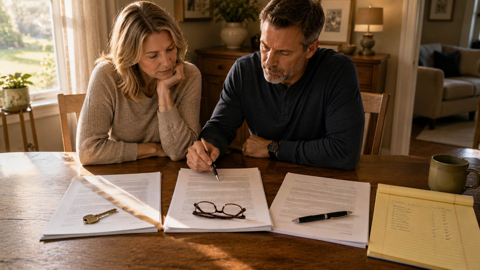 Three offer packets fanned out on a wooden table next to a yellow legal pad, representing a Jonesboro seller comparing multiple offers