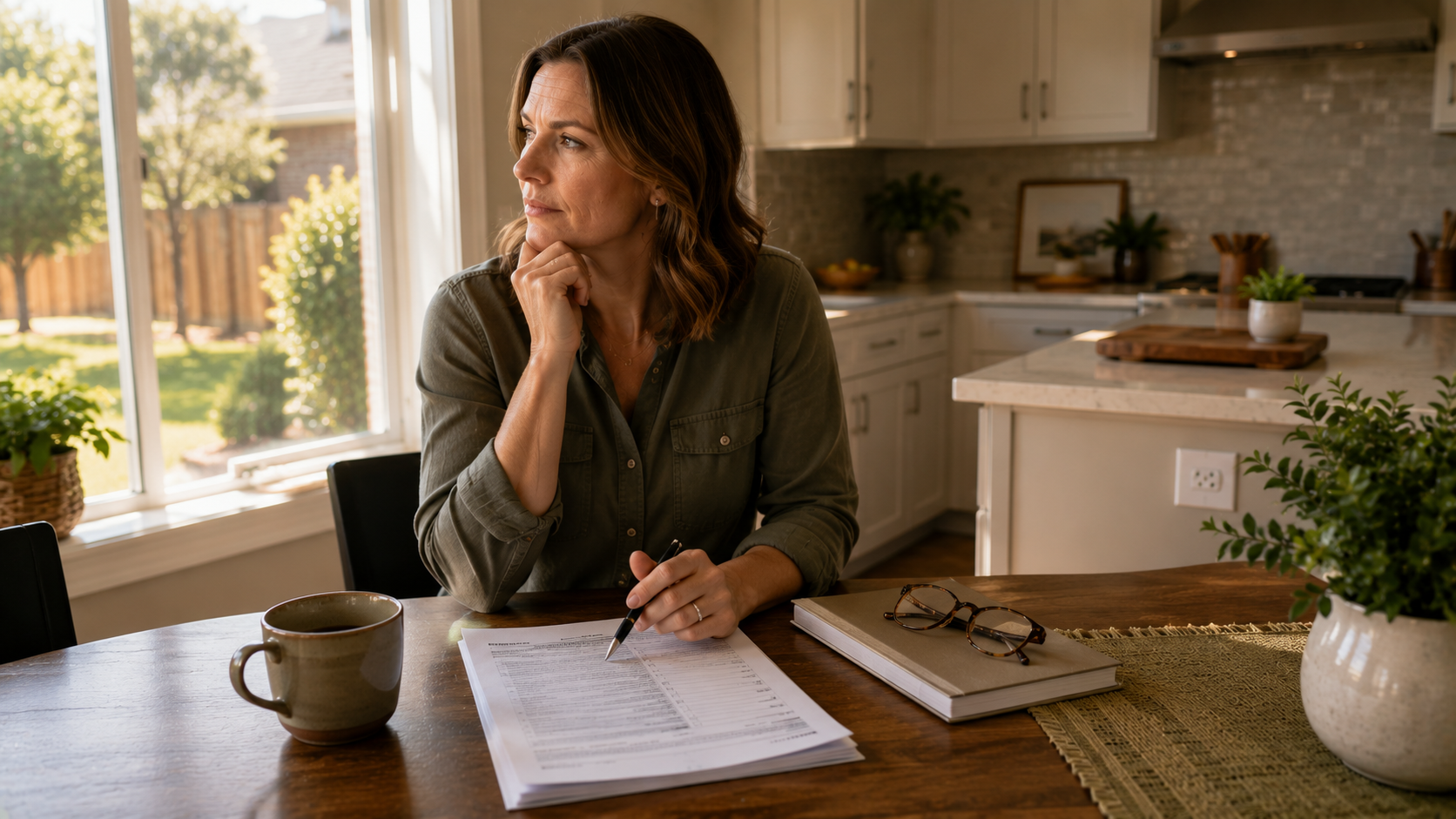 Seller disclosure paperwork and a pen on a wooden desk in soft daylight, representing the documents a Jonesboro seller fills out before listing.