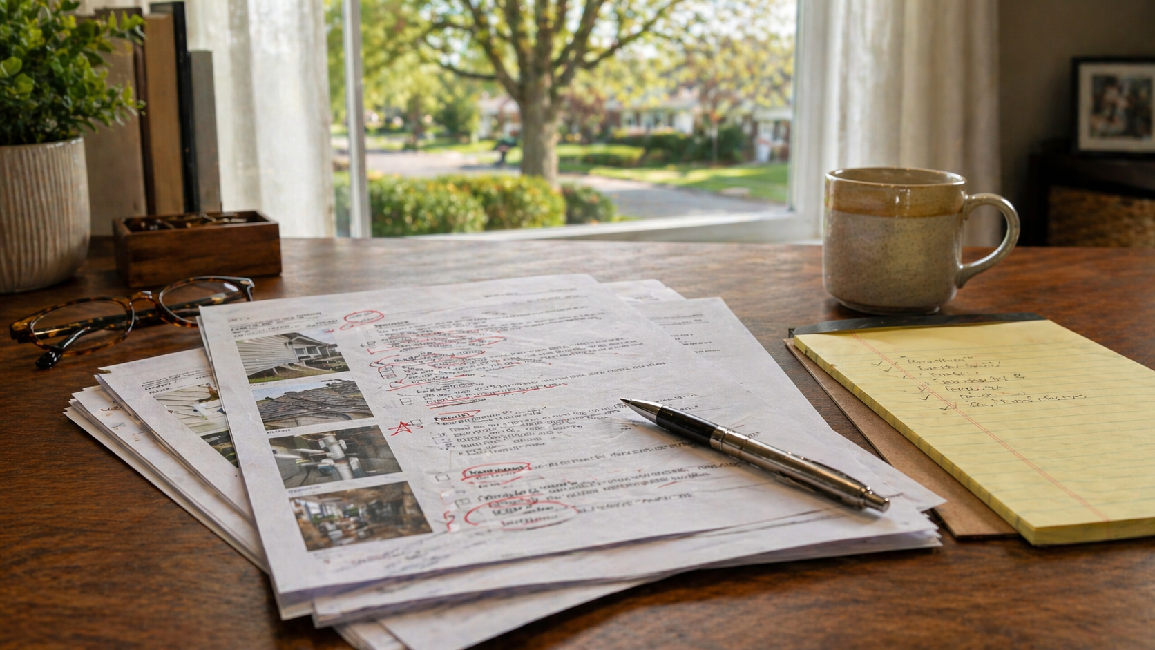 A home office desk in Jonesboro with a printed home inspection report, reading glasses, a pen, and a coffee mug, with a calm spring street visible through the window.