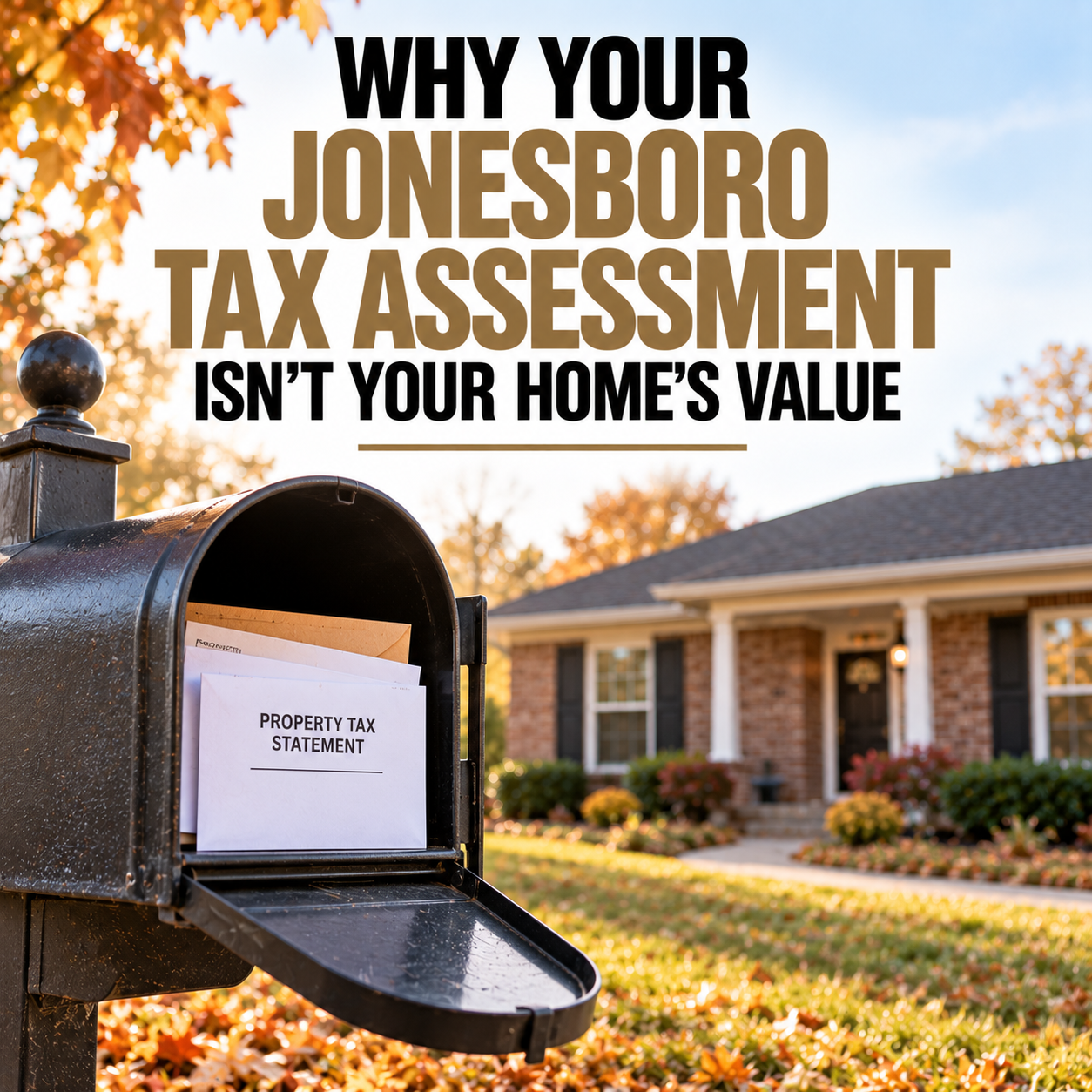 An open curbside mailbox holding envelopes in front of a brick ranch home on a Jonesboro street on an autumn morning.