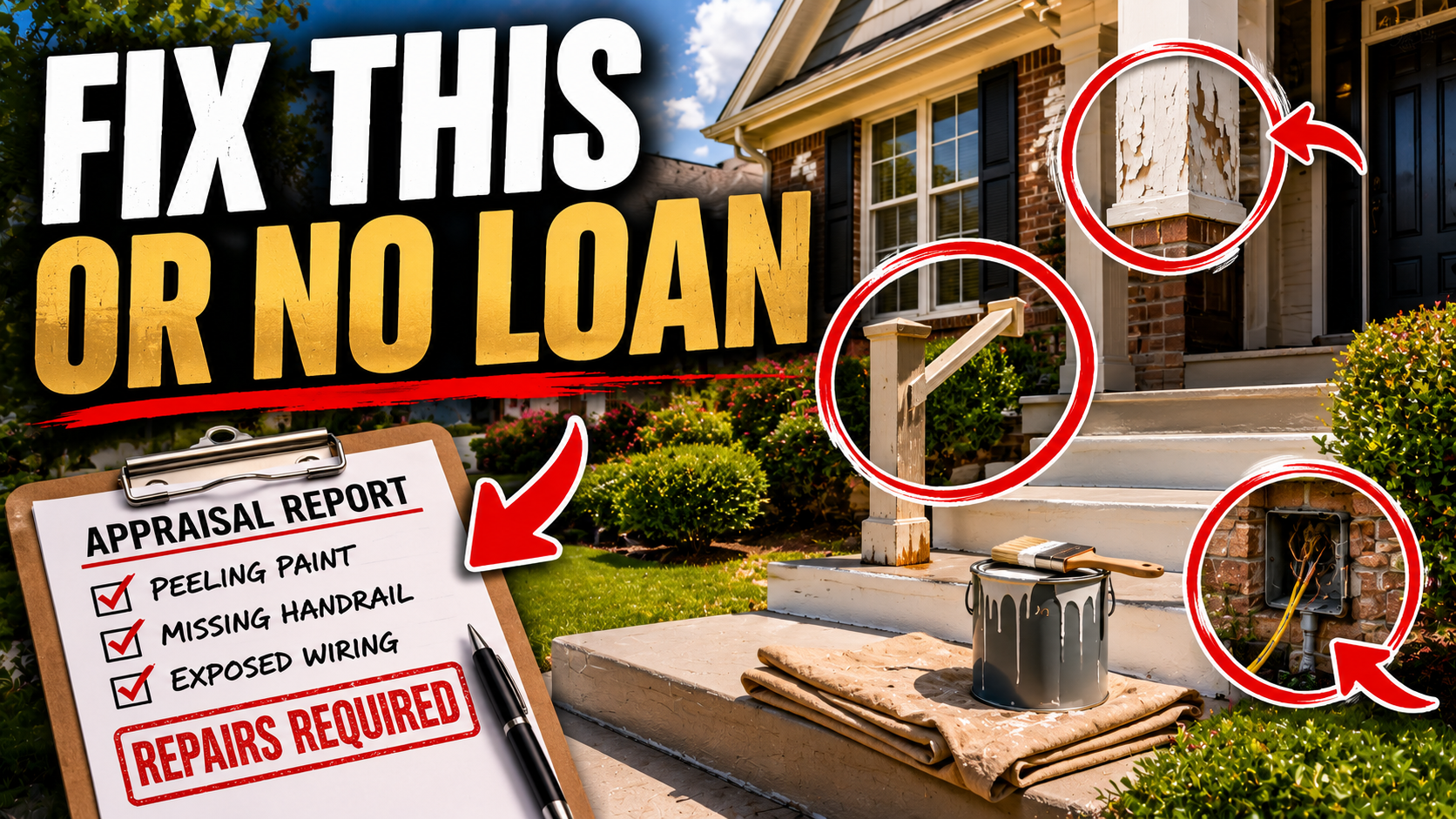 Freshly painted porch step with a metal handrail and small repair tools outside a Jonesboro brick home