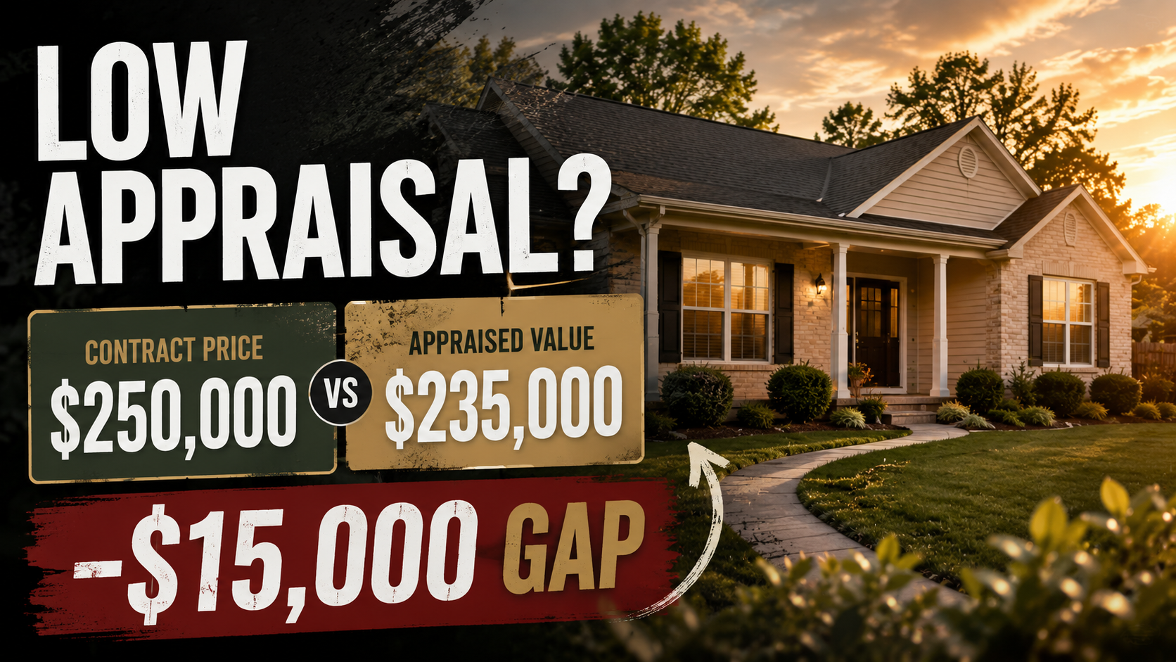 A modest Jonesboro-style ranch home at golden hour with an appraiser's clipboard and tape measure in the foreground, illustrating a buyer's low-appraisal decision moment.