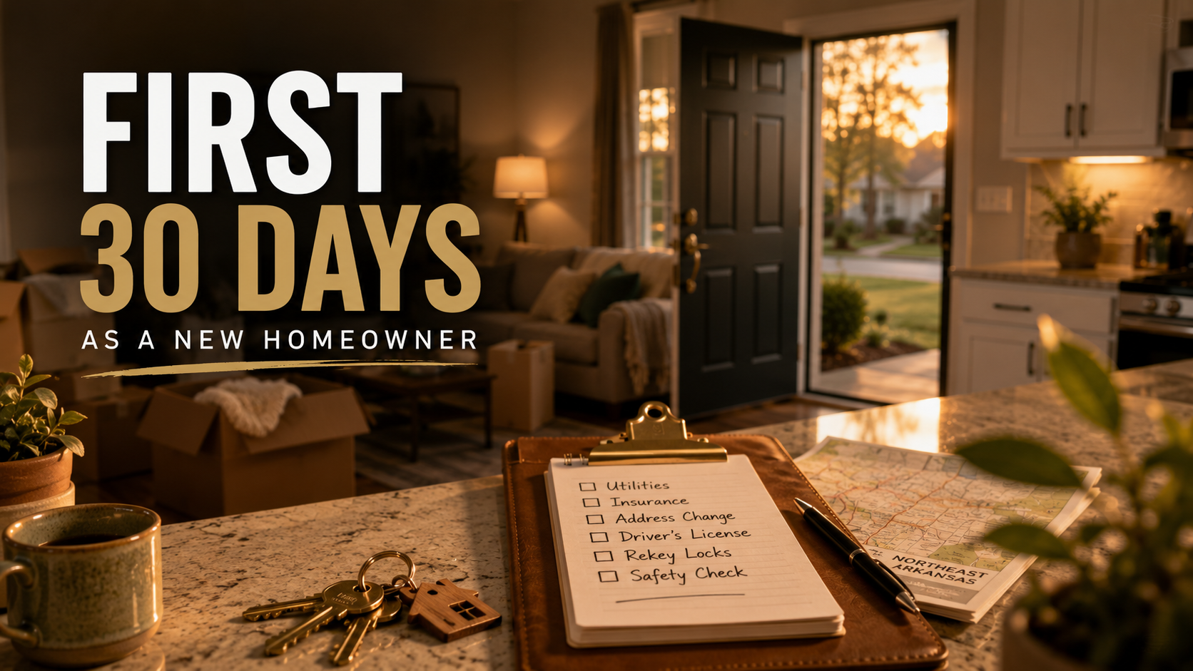 A small open moving box with a house key, a folded Northeast Arkansas map, and a checklist resting on the front steps of a Jonesboro brick ranch home in late-afternoon light, illustrating the first 30 days as a new homeowner.
