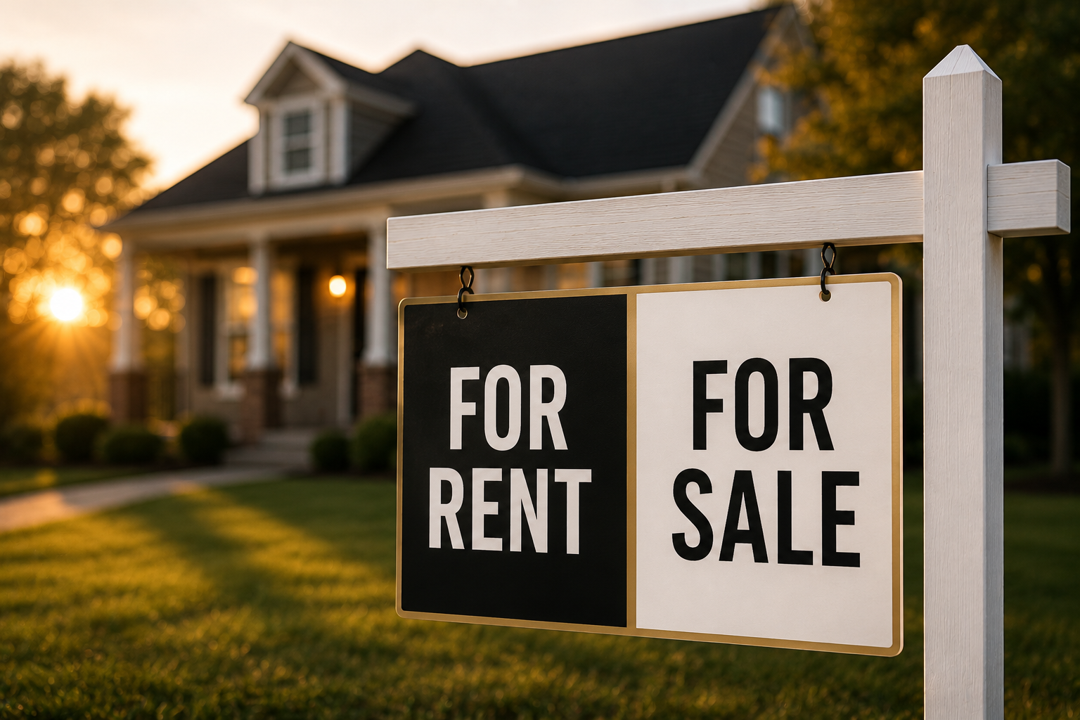 An empty yard sign post in front of a Jonesboro home at golden hour, representing the choice between renting and selling