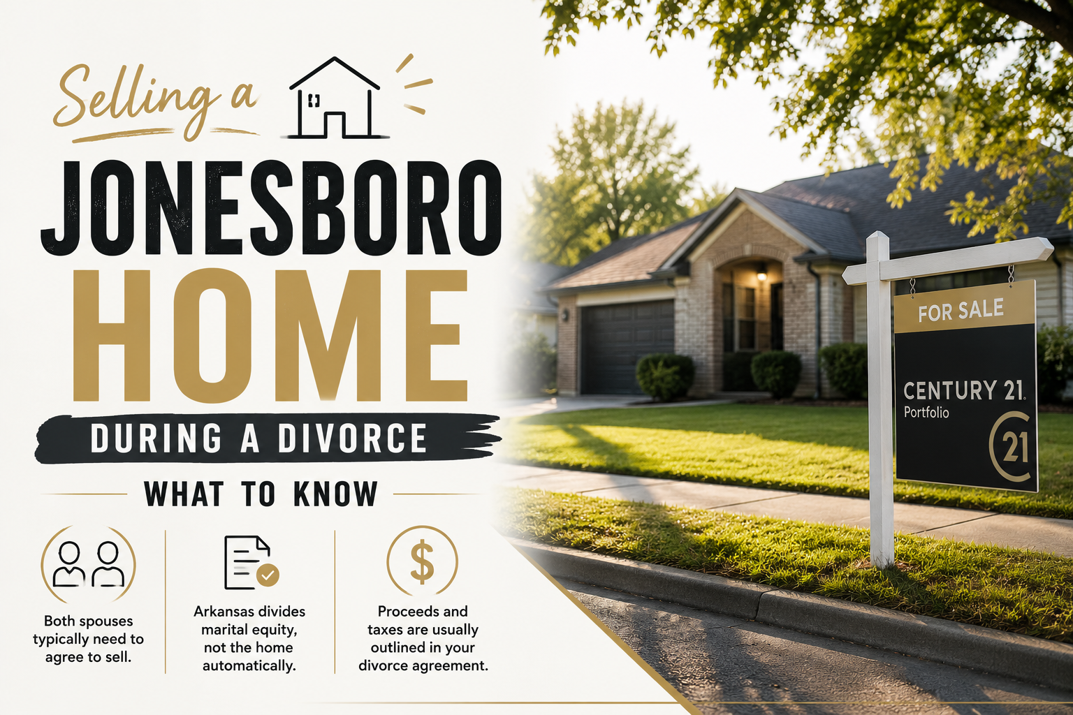 A single-story Jonesboro home with a For Sale sign in the front yard on a quiet street.