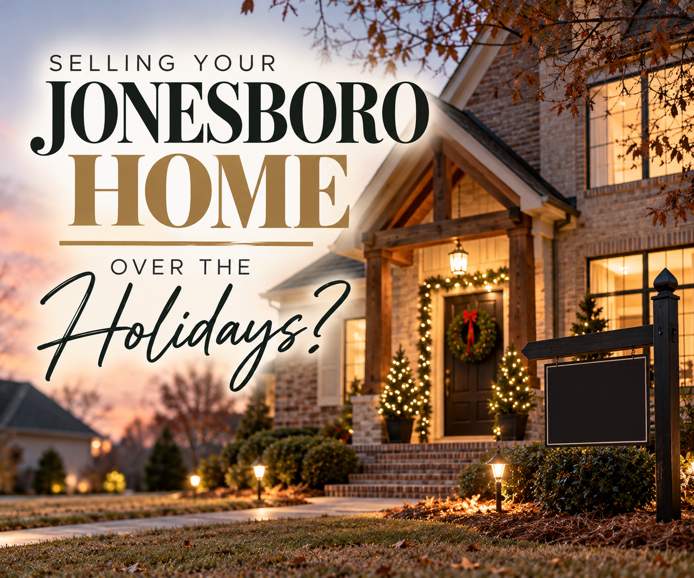 Brick home in Jonesboro at dusk in late fall with warm lamplight in the windows, a simple wreath on the front door, and a blank yard sign