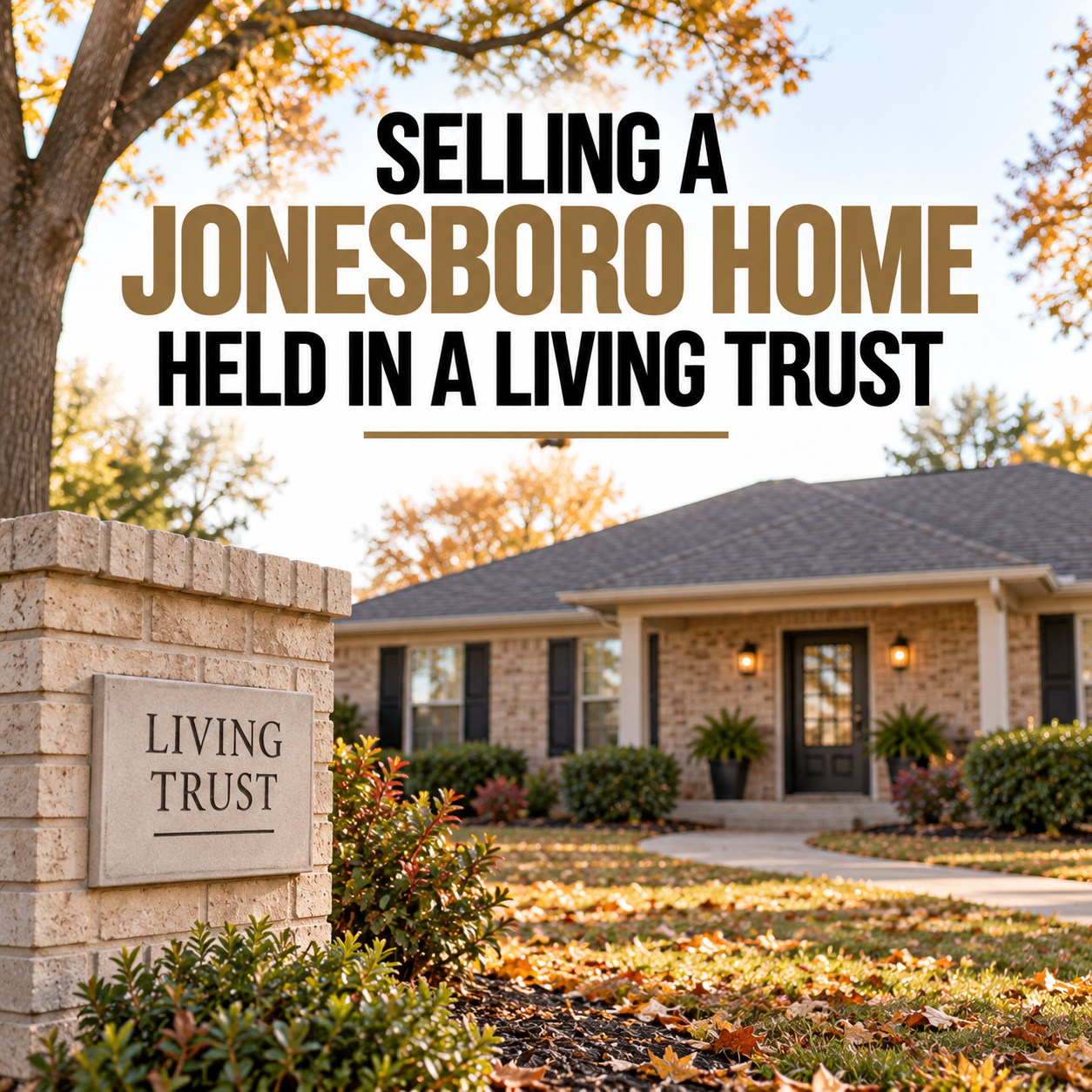A brick ranch home with mature trees and an autumn lawn on a quiet street in an established Jonesboro neighborhood.