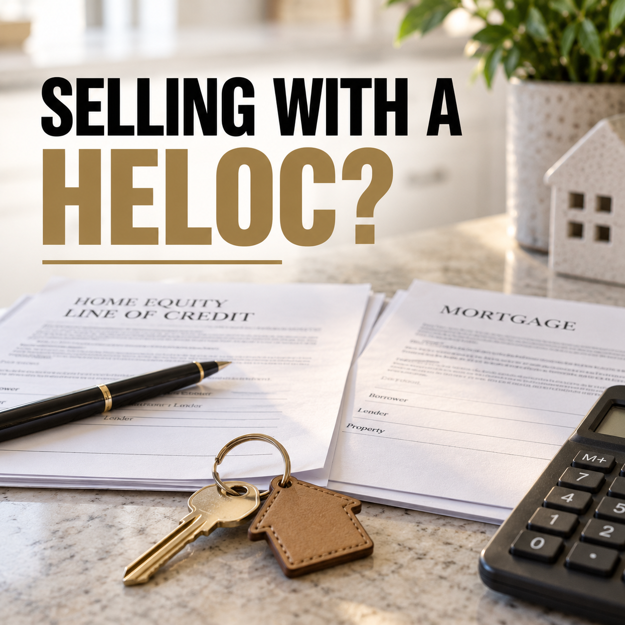 Two stacks of loan paperwork on a kitchen table beside a calculator, pen, and house key on a tan leather fob.