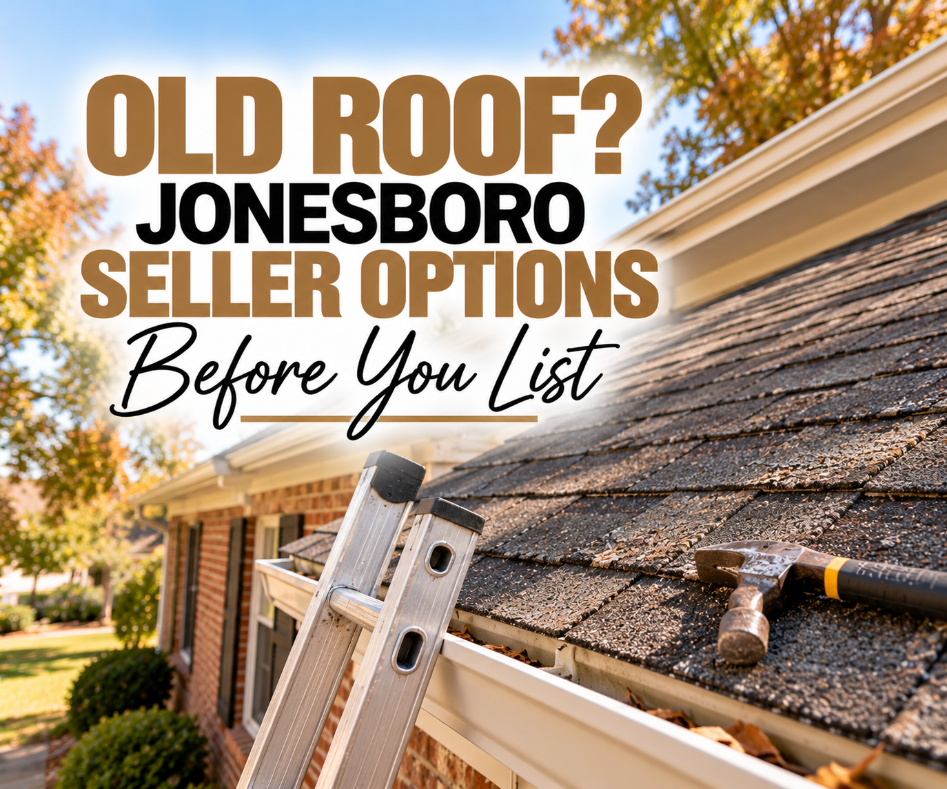 Aging asphalt shingle roof with a ladder and roofing hammer beside a Jonesboro brick home on a clear autumn afternoon