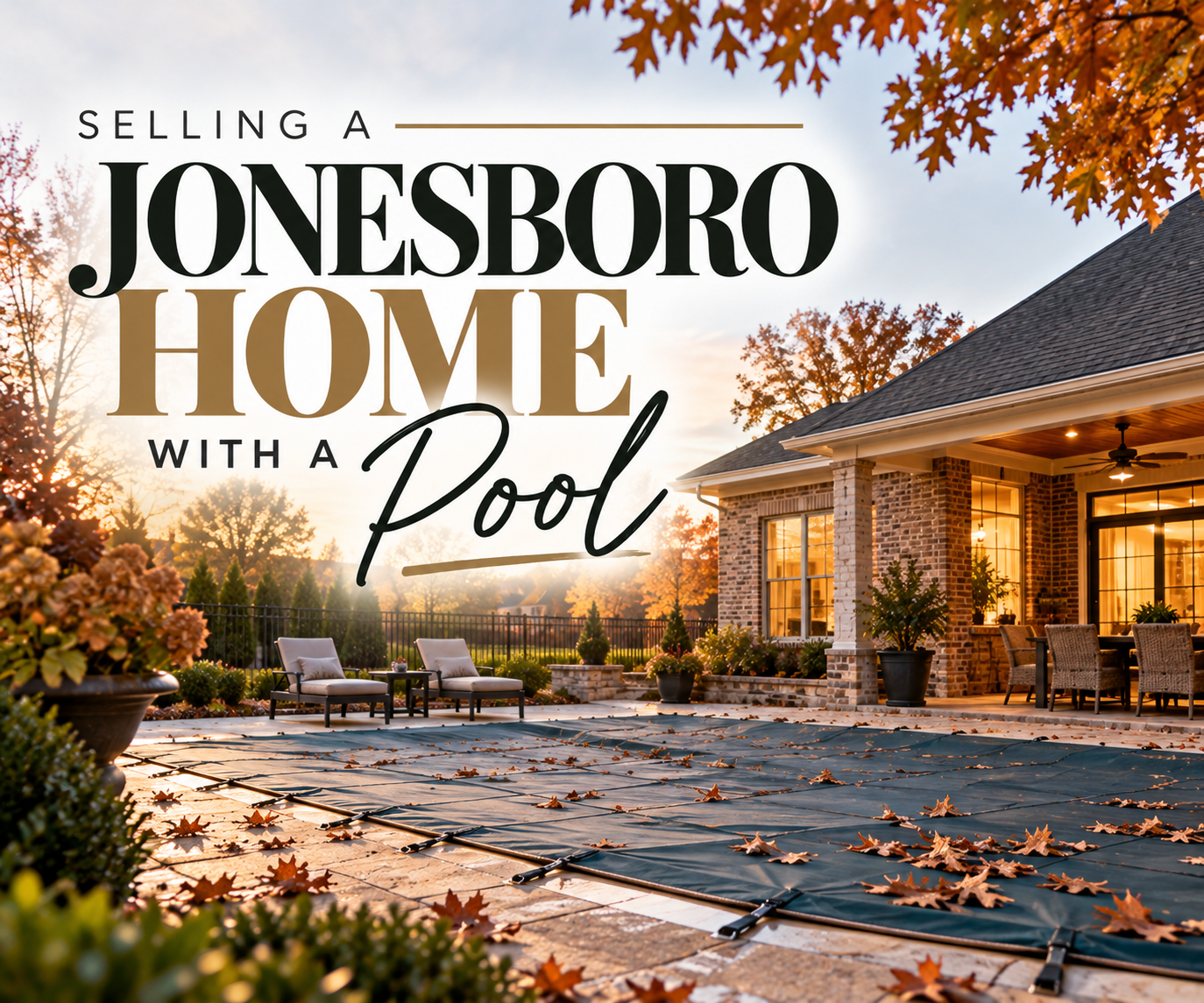 Covered in-ground pool in a Jonesboro backyard on an autumn afternoon with fallen leaves on the cover and a brick home in the background