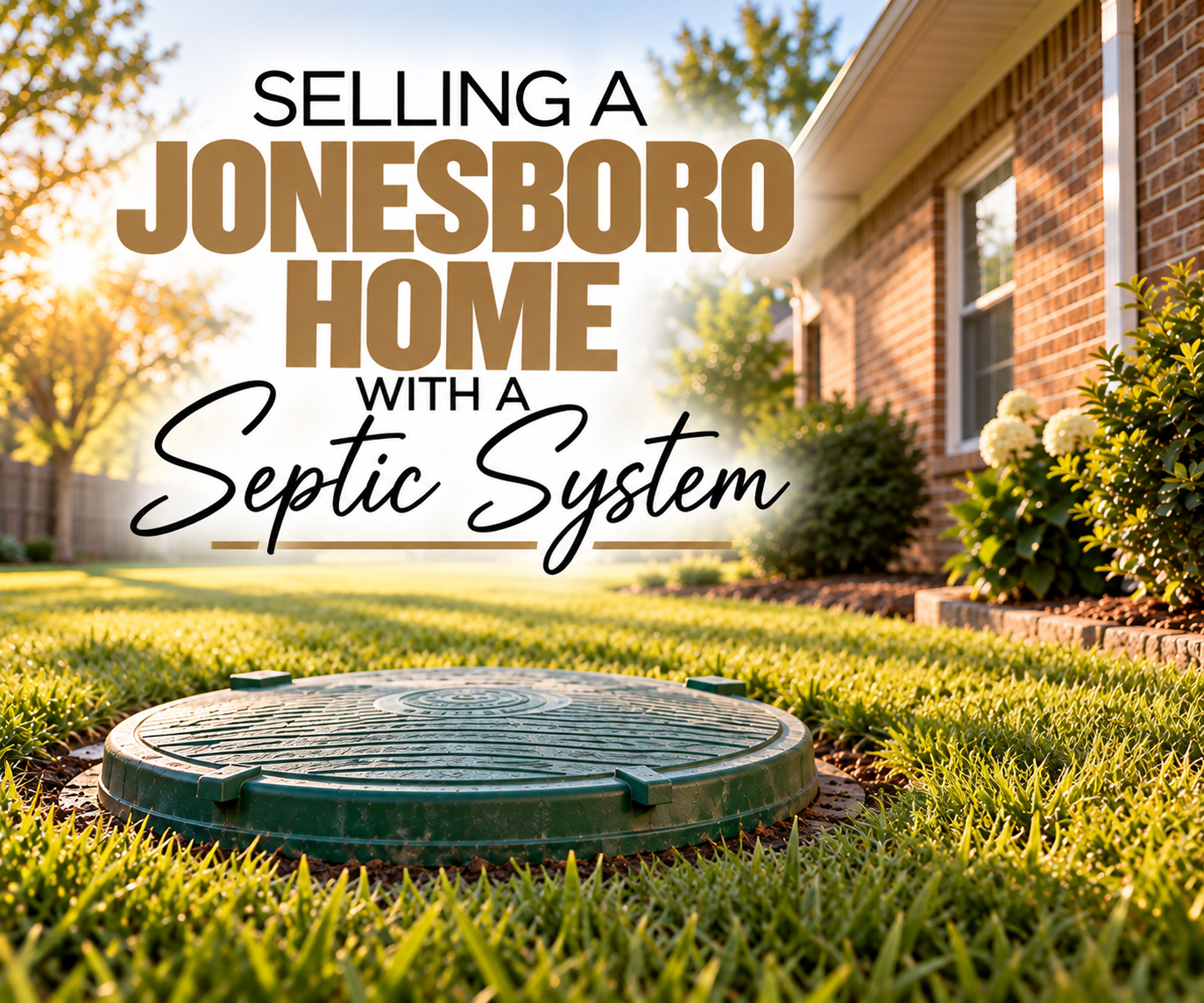 Grass side yard of a Northeast Arkansas brick home with a round green septic access lid flush in the lawn and a clipboard of service records beside it