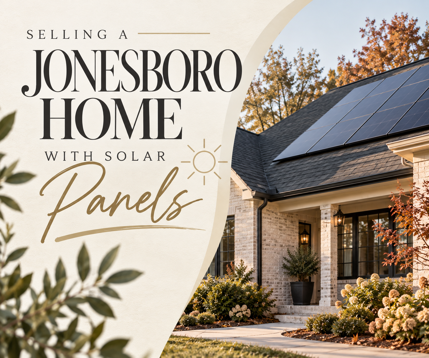 Rooftop solar panels on a brick Jonesboro home with a for sale sign at the curb in late afternoon light