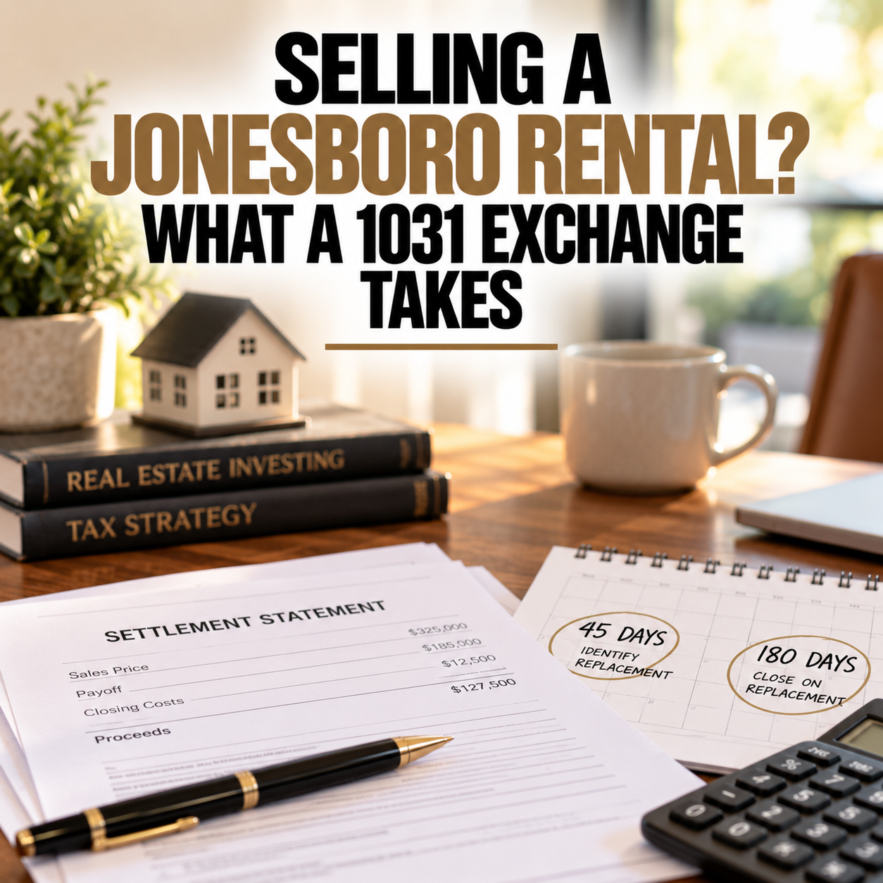 Desk scene with a settlement statement, calculator, and circled calendar date representing the 1031 exchange deadline when selling a Jonesboro investment property