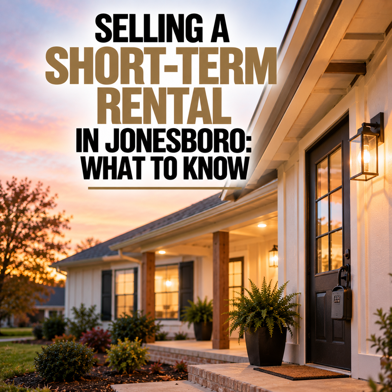 Exterior of a short-term rental home in Jonesboro, Arkansas at dusk with the porch light on and a lockbox mounted on the front door