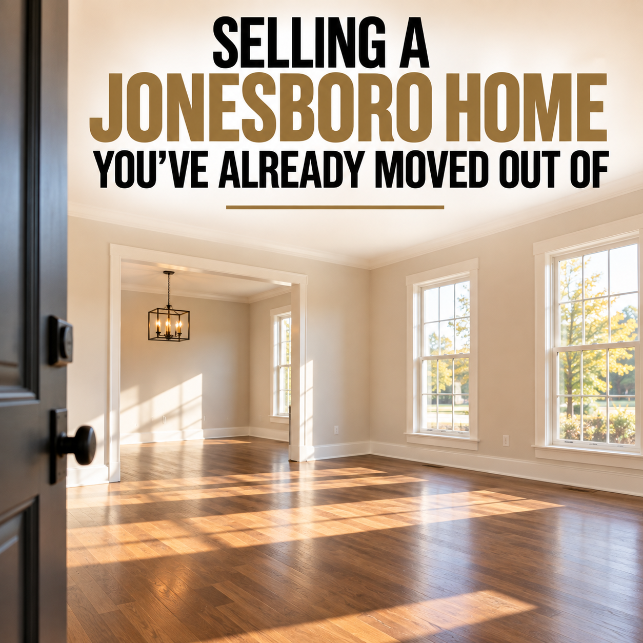 Empty room in a vacant Jonesboro home with bare wood floors and afternoon light coming through uncovered windows.