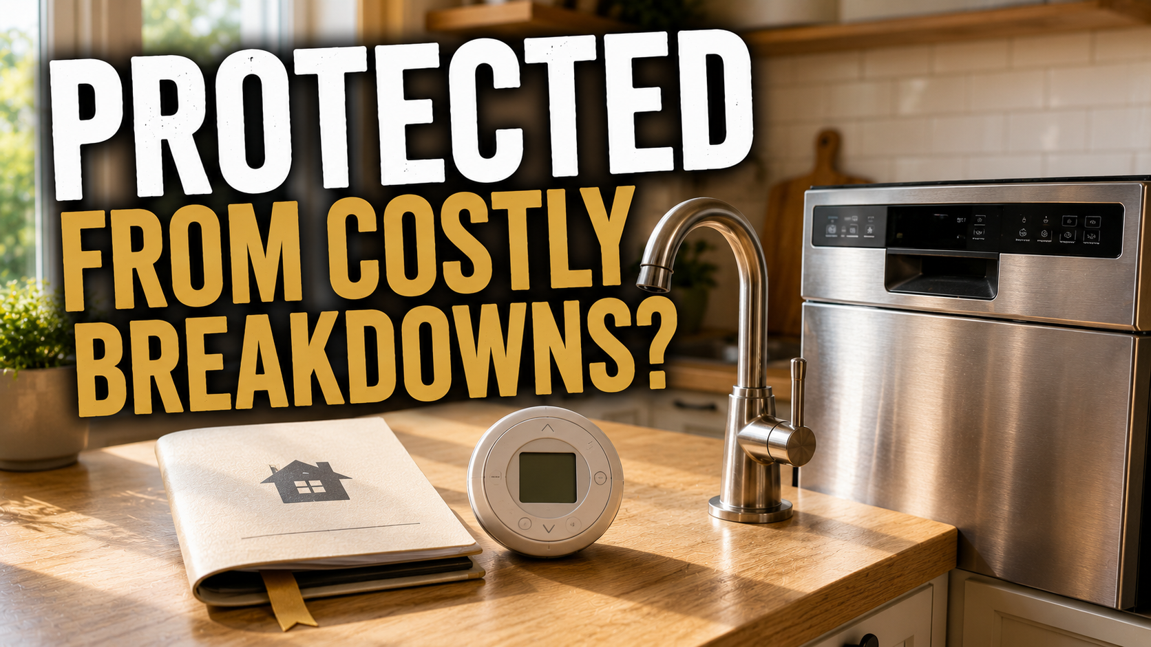 A thermostat, faucet, dishwasher panel, and a folded home service-contract booklet on a Jonesboro kitchen counter, representing the systems a home warranty covers.