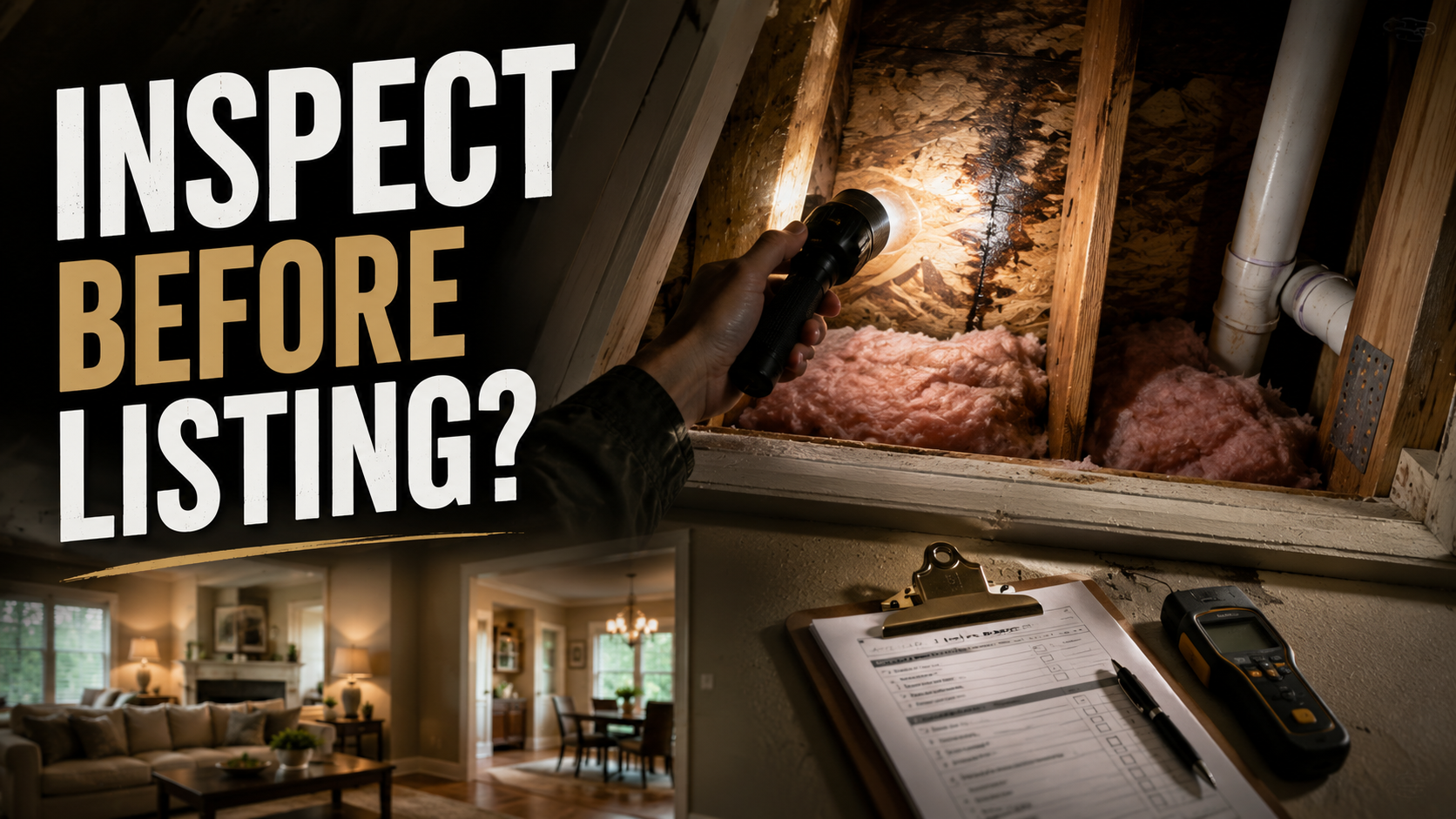 An inspector's clipboard, flashlight, moisture meter, and tape measure resting on the front porch rail of an older Jonesboro-style brick home, illustrating a seller's pre-listing inspection decision.