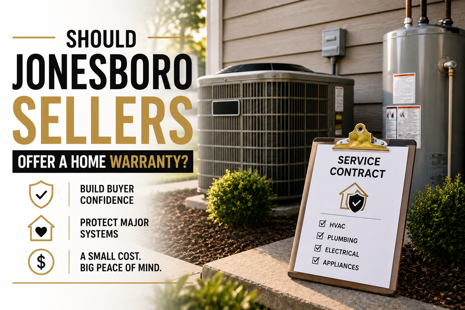 Close-up of a home's HVAC condenser and water heater exterior area with a service contract clipboard, representing a seller's home warranty in Jonesboro, Arkansas.